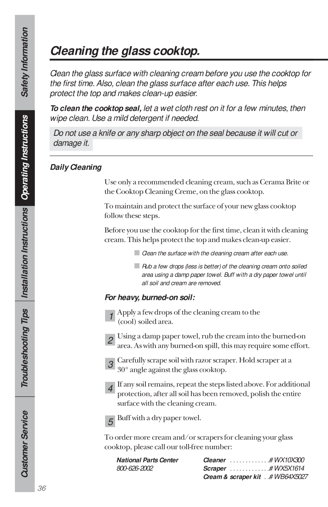 GE 49-8780, 164D3333P034 manual Cleaning the glass cooktop, Daily Cleaning, For heavy, burned-on soil, National Parts Center 