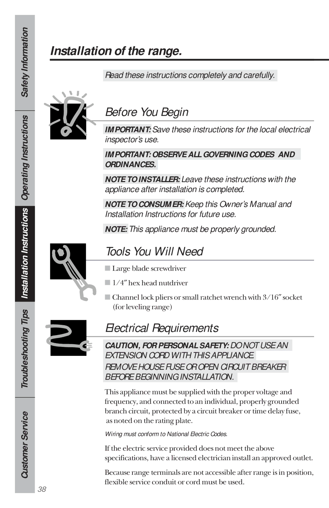 GE 49-8780, 164D3333P034 manual Installation of the range, Wiring must conform to National Electric Codes 