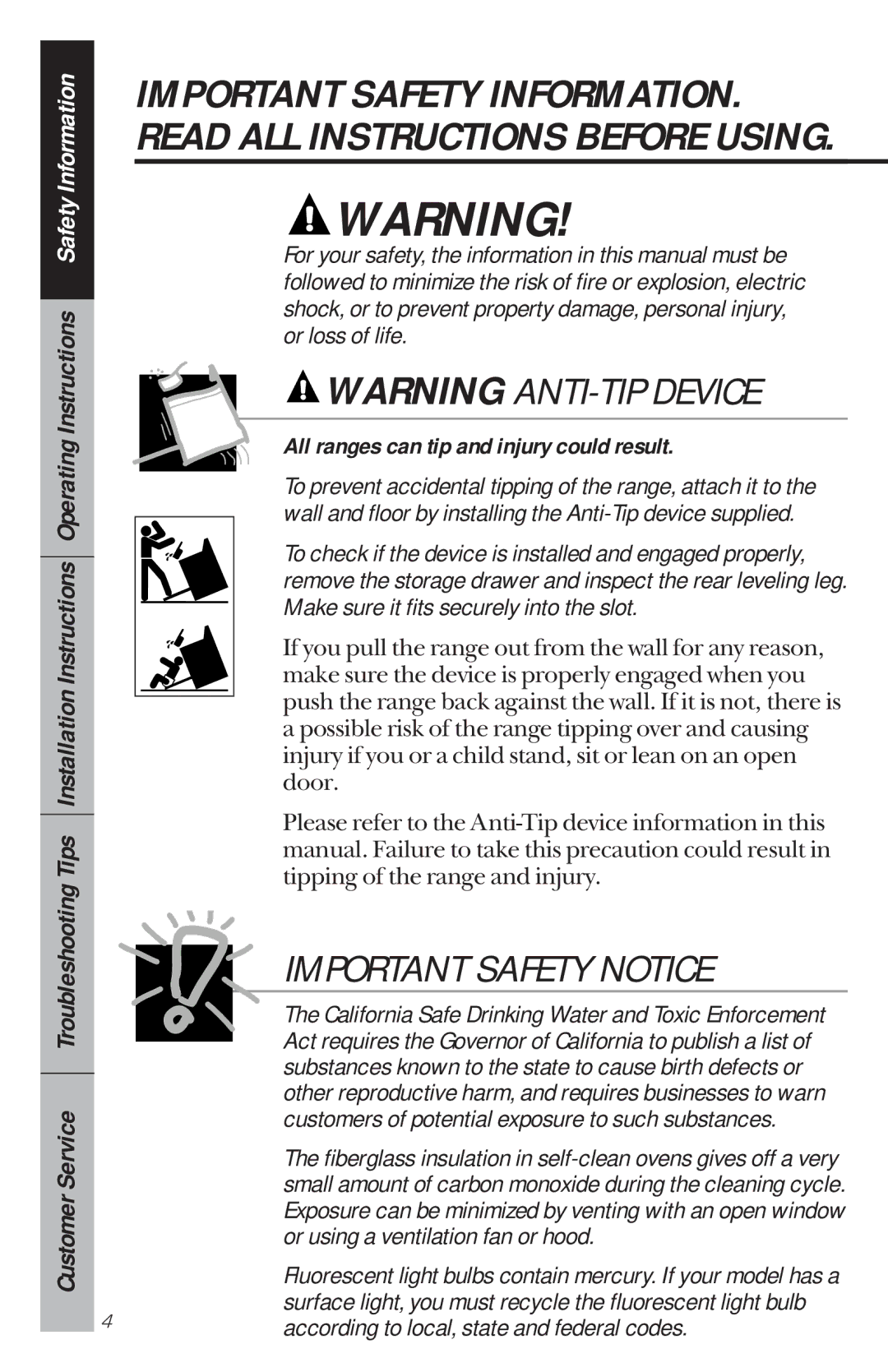 GE 49-8780, 164D3333P034 All ranges can tip and injury could result, California Safe Drinking Water and Toxic Enforcement 