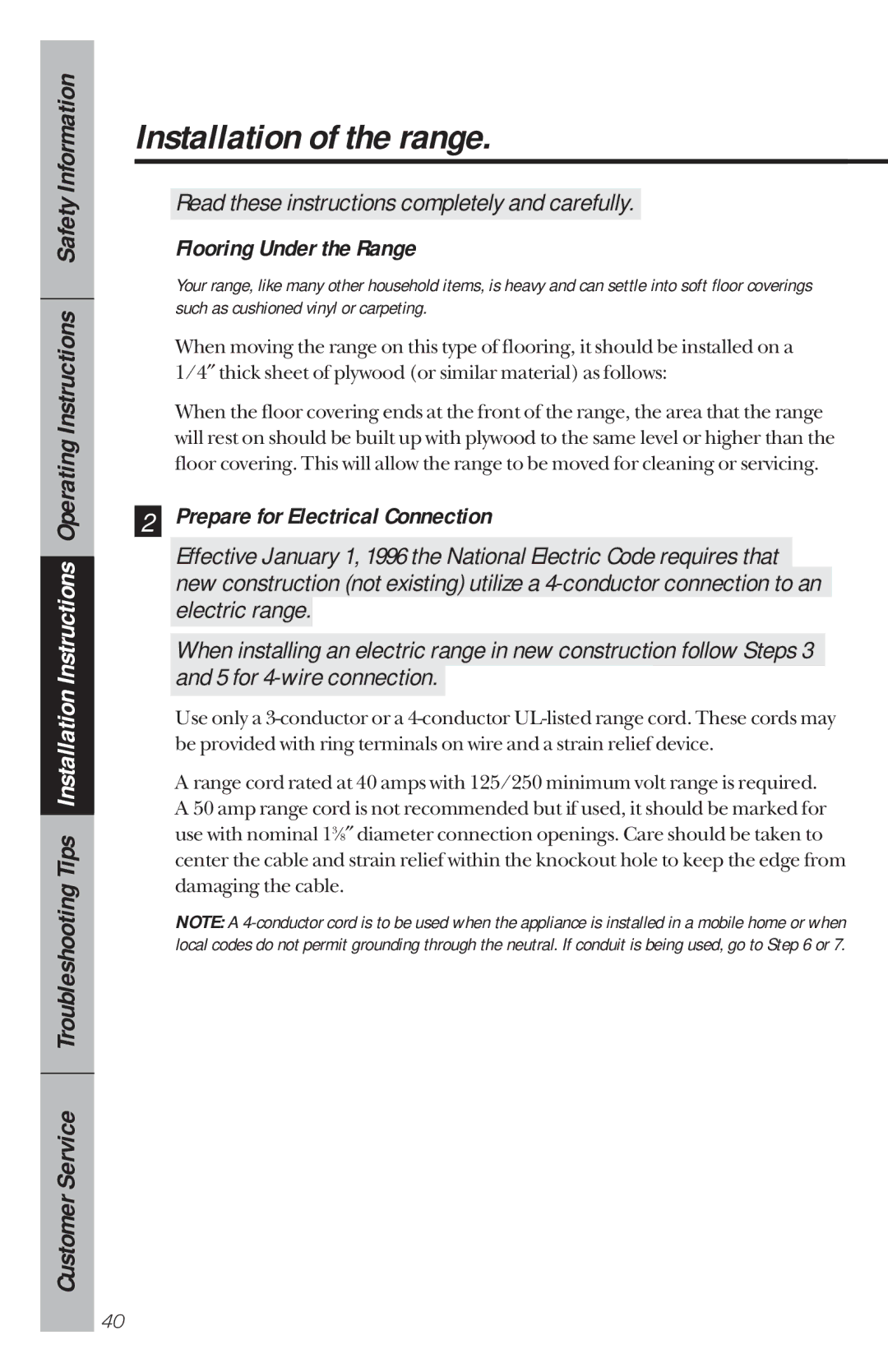 GE 49-8780, 164D3333P034 manual Flooring Under the Range, Prepare for Electrical Connection 