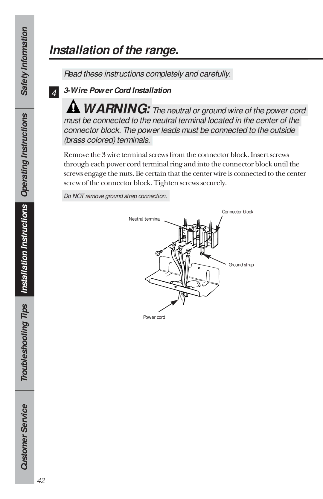 GE 49-8780, 164D3333P034 manual Wire Power Cord Installation, Do not remove ground strap connection 