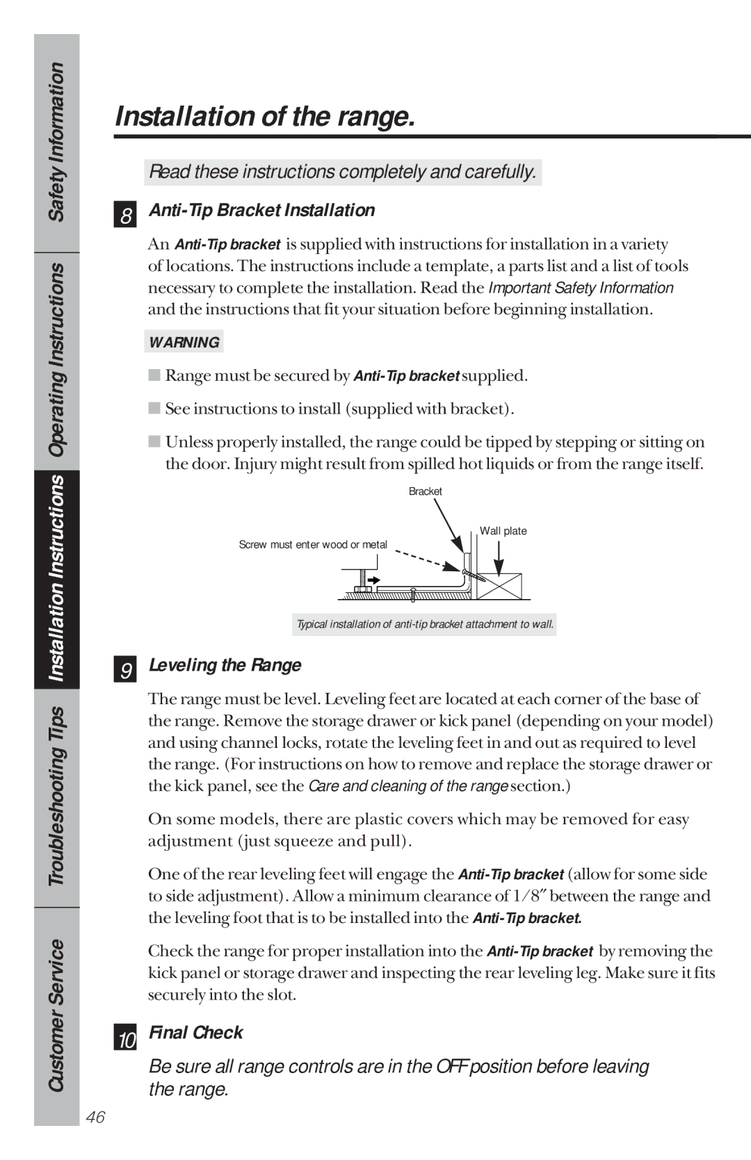 GE 49-8780, 164D3333P034 manual Anti-Tip Bracket Installation, Leveling the Range, Final Check 