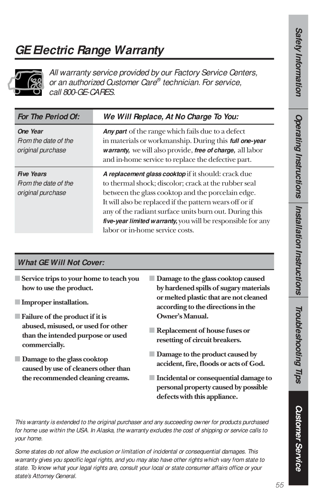 GE 164D3333P034 manual GE Electric Range Warranty, We Will Replace, At No Charge To You, What GE Will Not Cover, One Year 