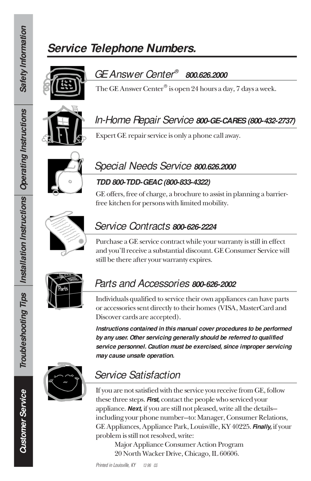 GE 49-8780, 164D3333P034 manual Service Telephone Numbers, In-Home Repair Service 800-GE-CARES, TDD 800-TDD-GEAC 