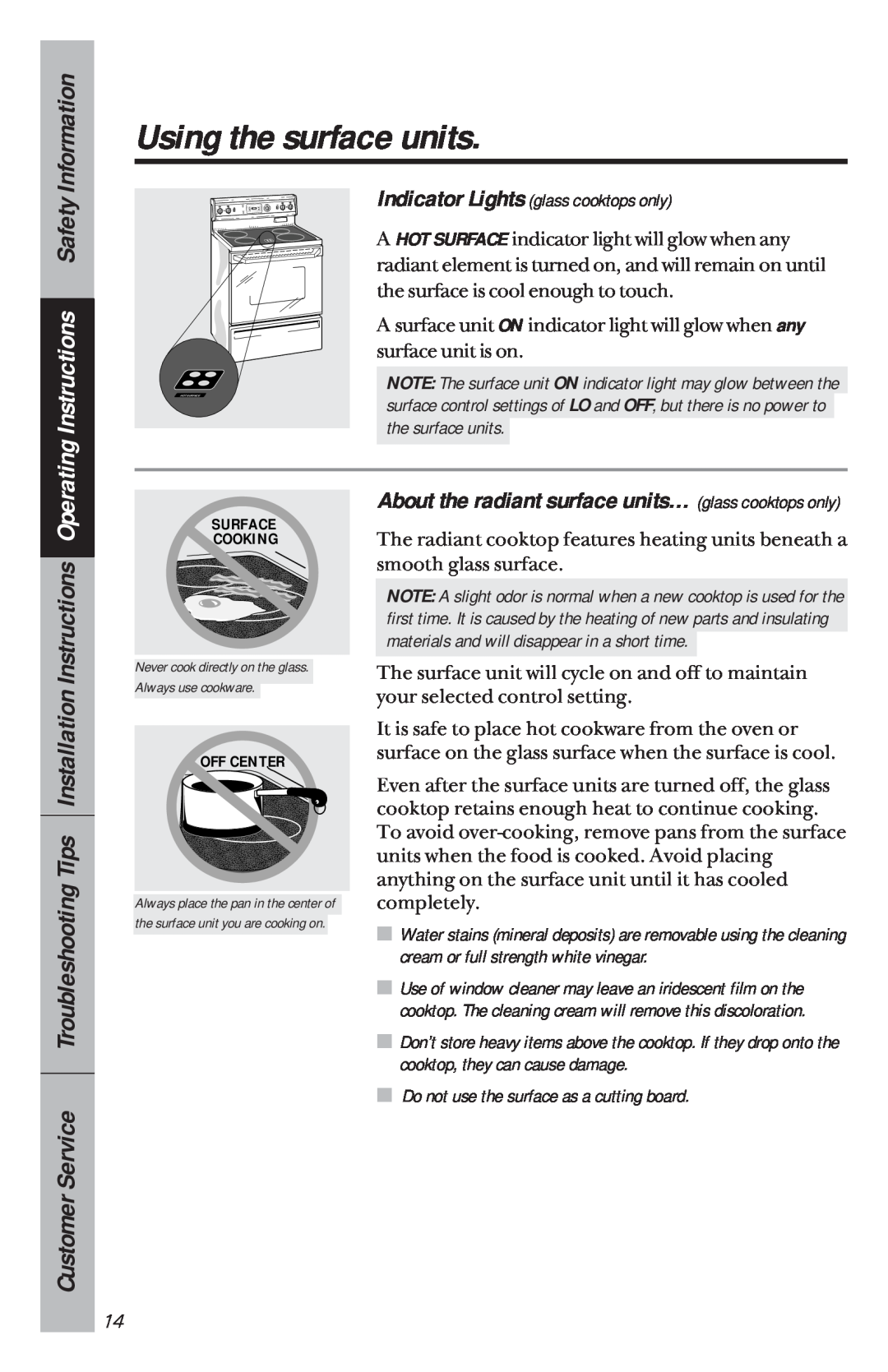 GE 49-8780 Instructions Safety Information, Using the surface units, About the radiant surface units… glass cooktops only 