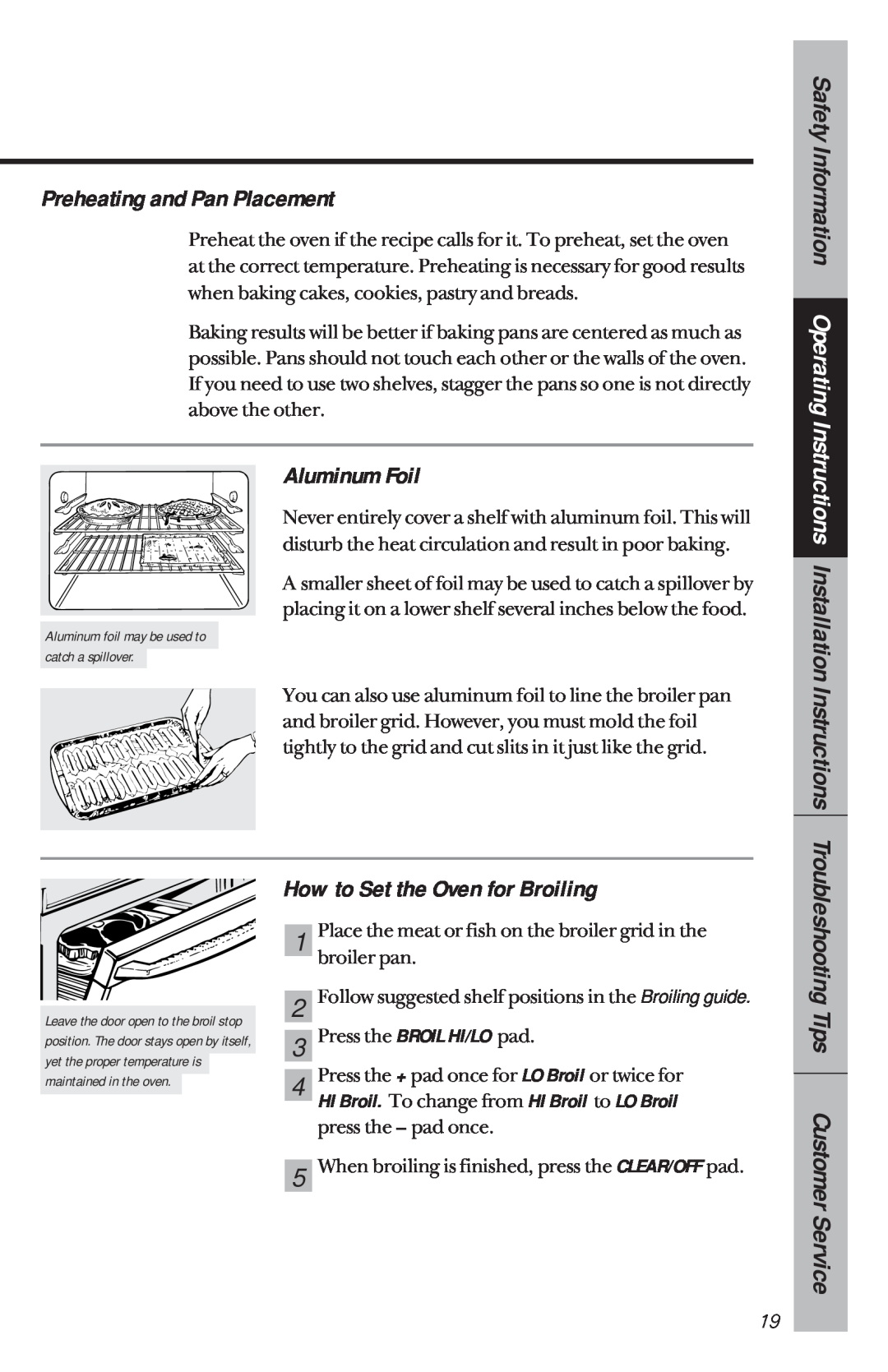 GE 164D3333P034, 49-8780 manual Preheating and Pan Placement, Aluminum Foil, How to Set the Oven for Broiling 