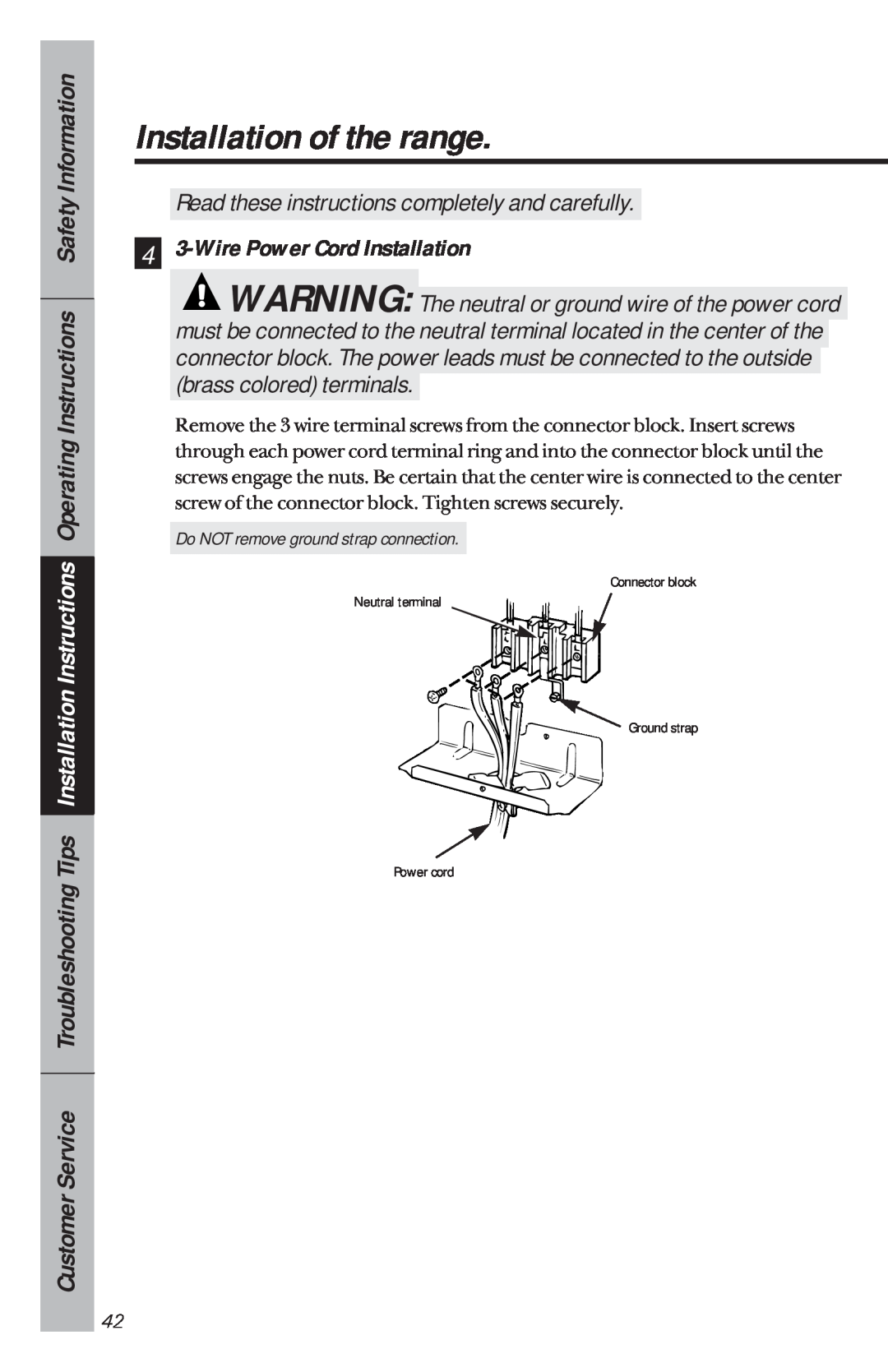 GE 49-8780 4 3-Wire Power Cord Installation, Installation of the range, Read these instructions completely and carefully 