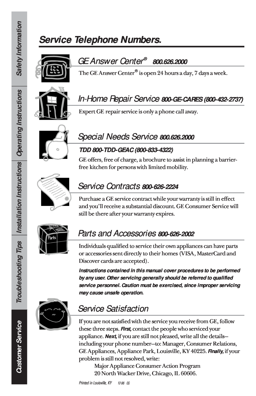 GE 49-8780 manual Service Telephone Numbers, In-Home Repair Service 800-GE-CARES, TDD 800-TDD-GEAC, GE Answer Center 