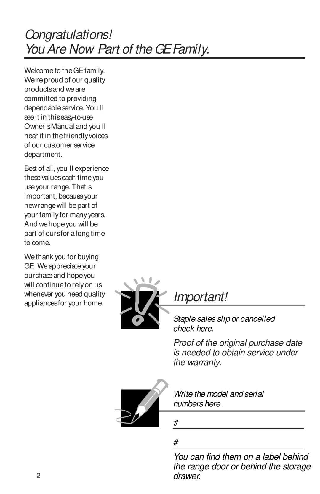 GE 49-8827, 164D3333P069 Congratulations You Are Now Part of the GE Family, Staple sales slip or cancelled check here 