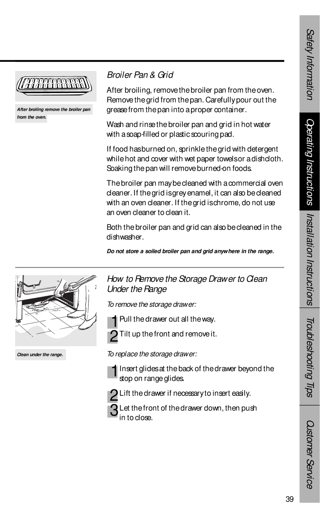 GE 164D3333P069, 49-8827 owner manual Broiler Pan & Grid, How to Remove the Storage Drawer to Clean Under the Range 