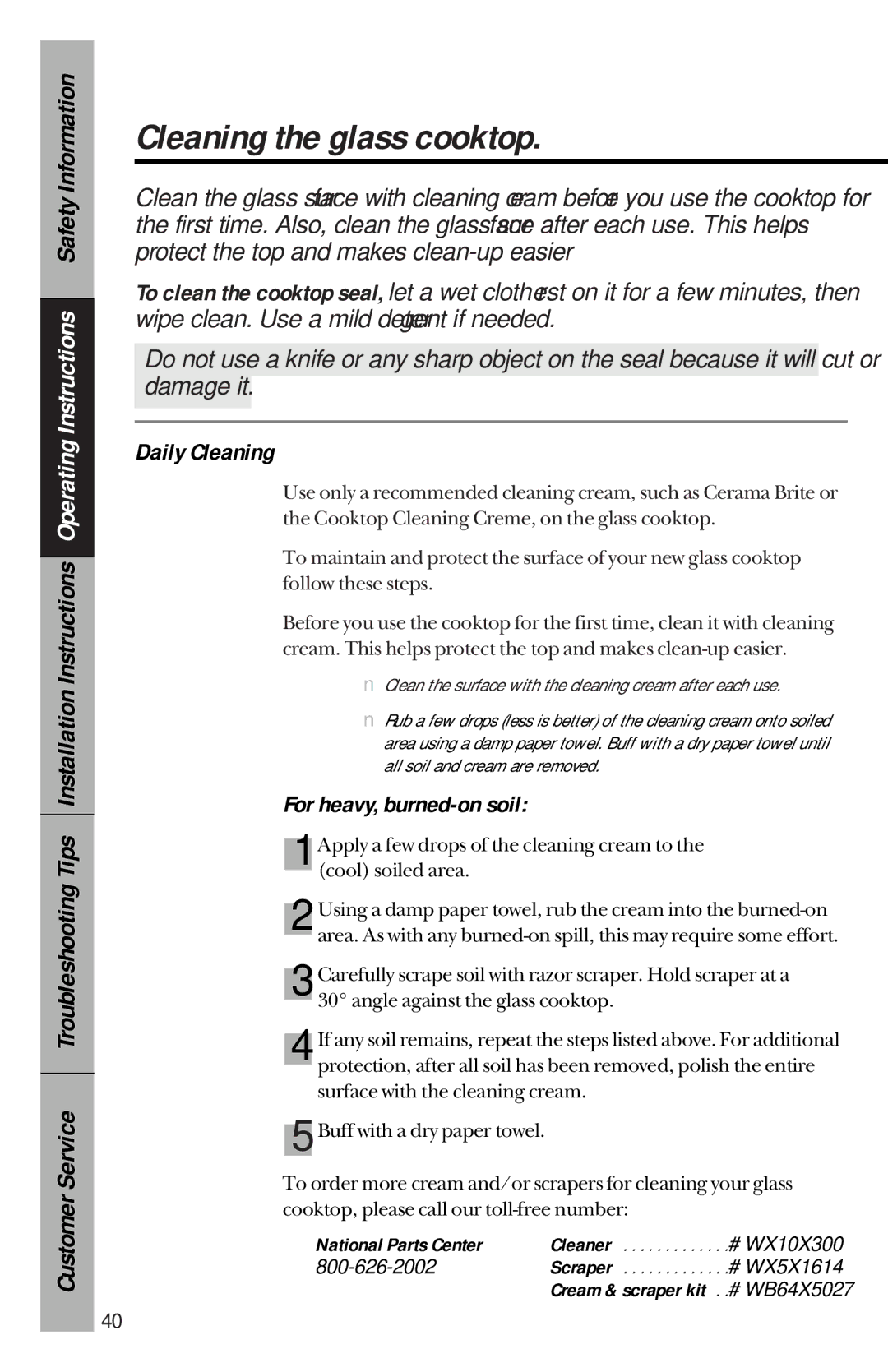 GE 49-8827, 164D3333P069 Cleaning the glass cooktop, Daily Cleaning, For heavy, burned-on soil, National Parts Center 