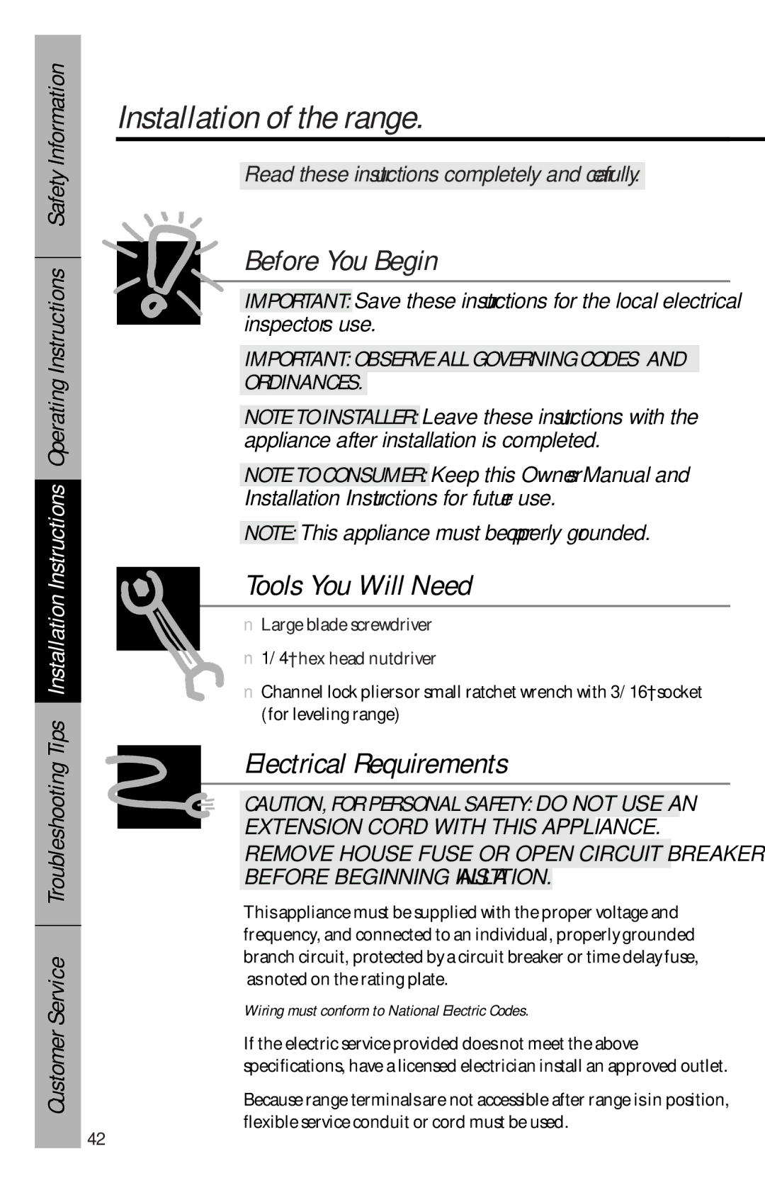 GE 49-8827, 164D3333P069 owner manual Installation of the range, Wiring must conform to National Electric Codes 