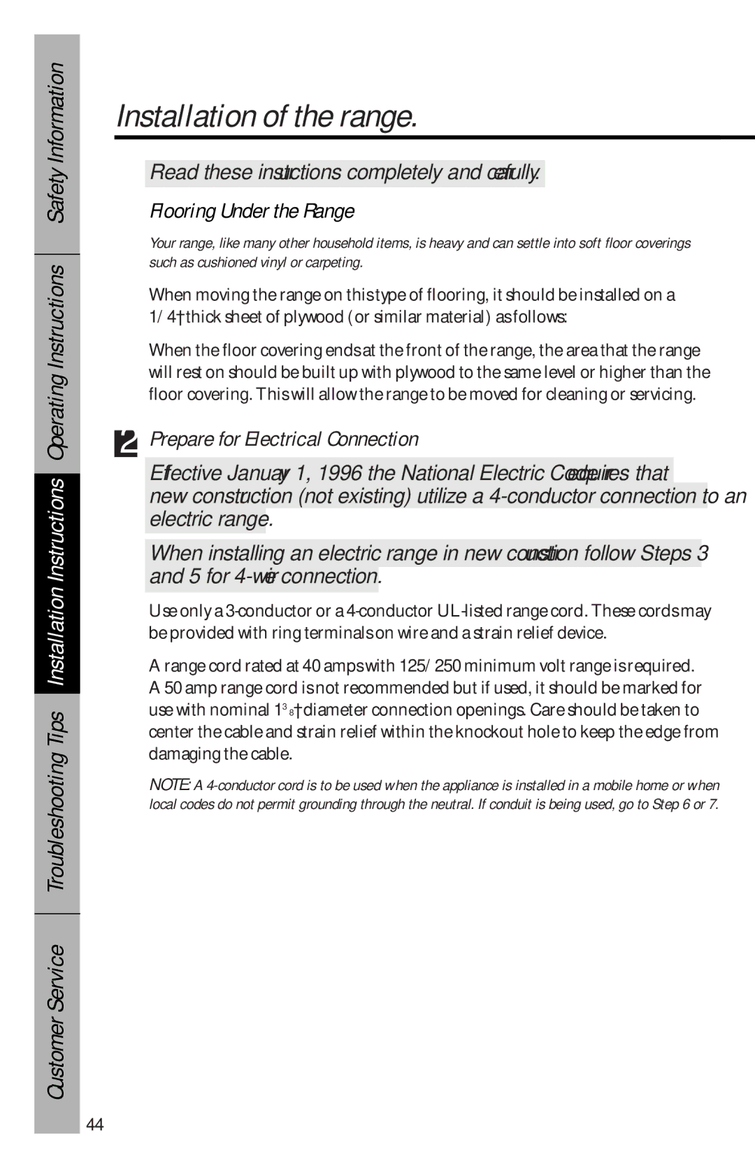 GE 49-8827, 164D3333P069 owner manual Flooring Under the Range, Prepare for Electrical Connection 