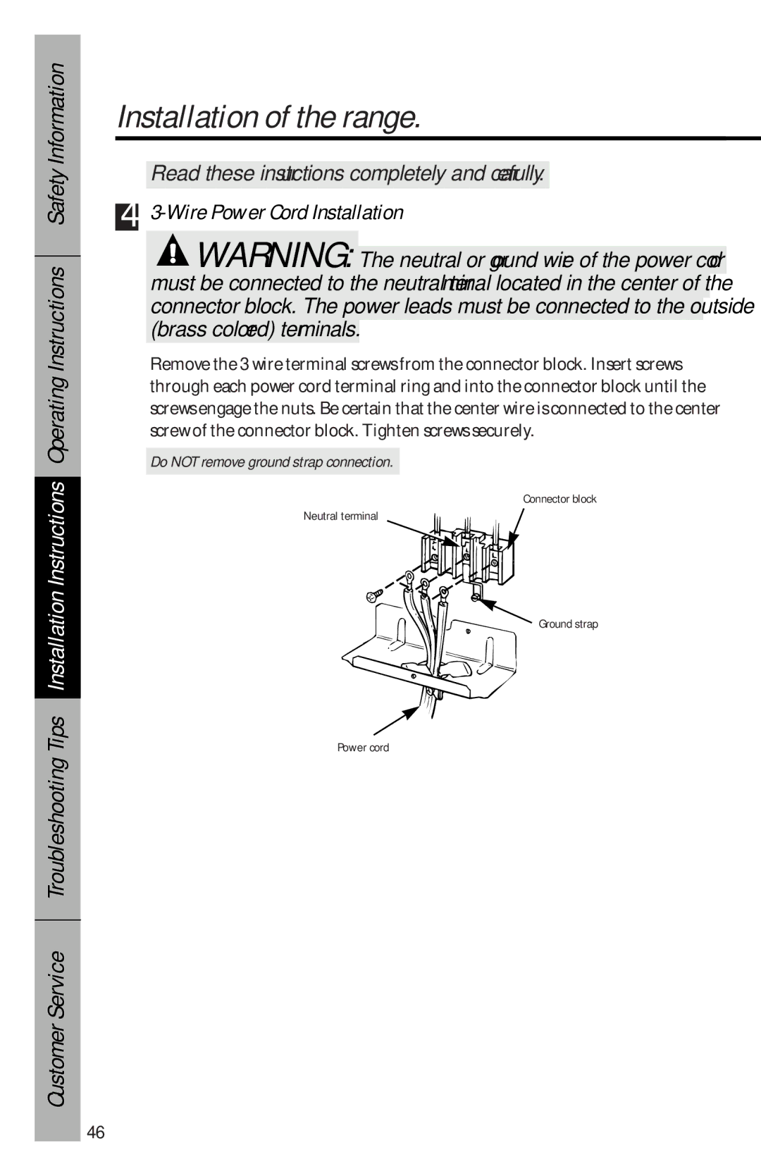 GE 49-8827, 164D3333P069 owner manual Wire Power Cord Installation, Do not remove ground strap connection 