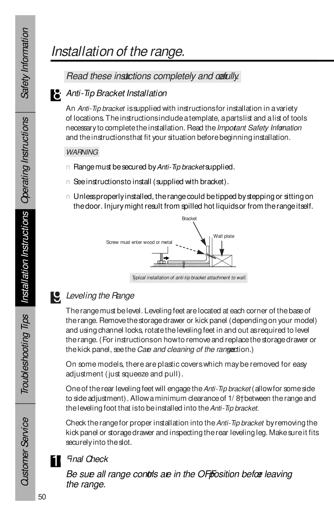 GE 49-8827, 164D3333P069 owner manual Anti-Tip Bracket Installation, Leveling the Range, Final Check 