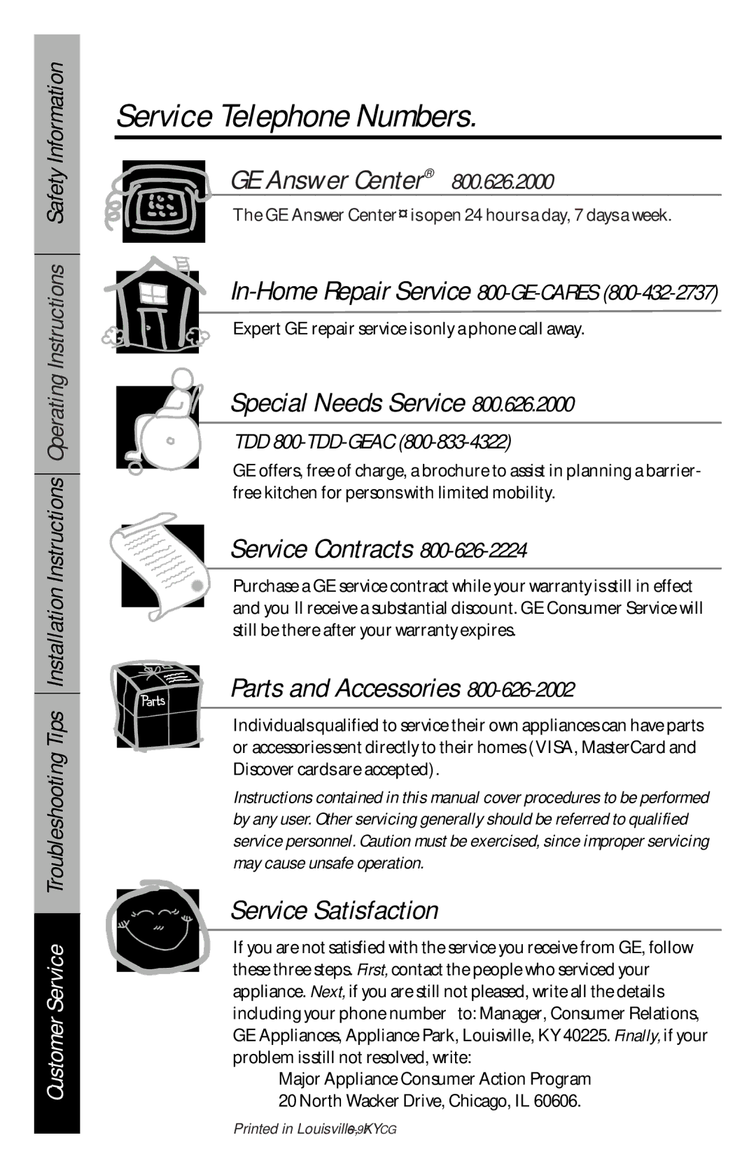 GE 49-8827, 164D3333P069 owner manual Service Telephone Numbers, In-Home Repair Service 800-GE-CARES, TDD 800-TDD-GEAC 