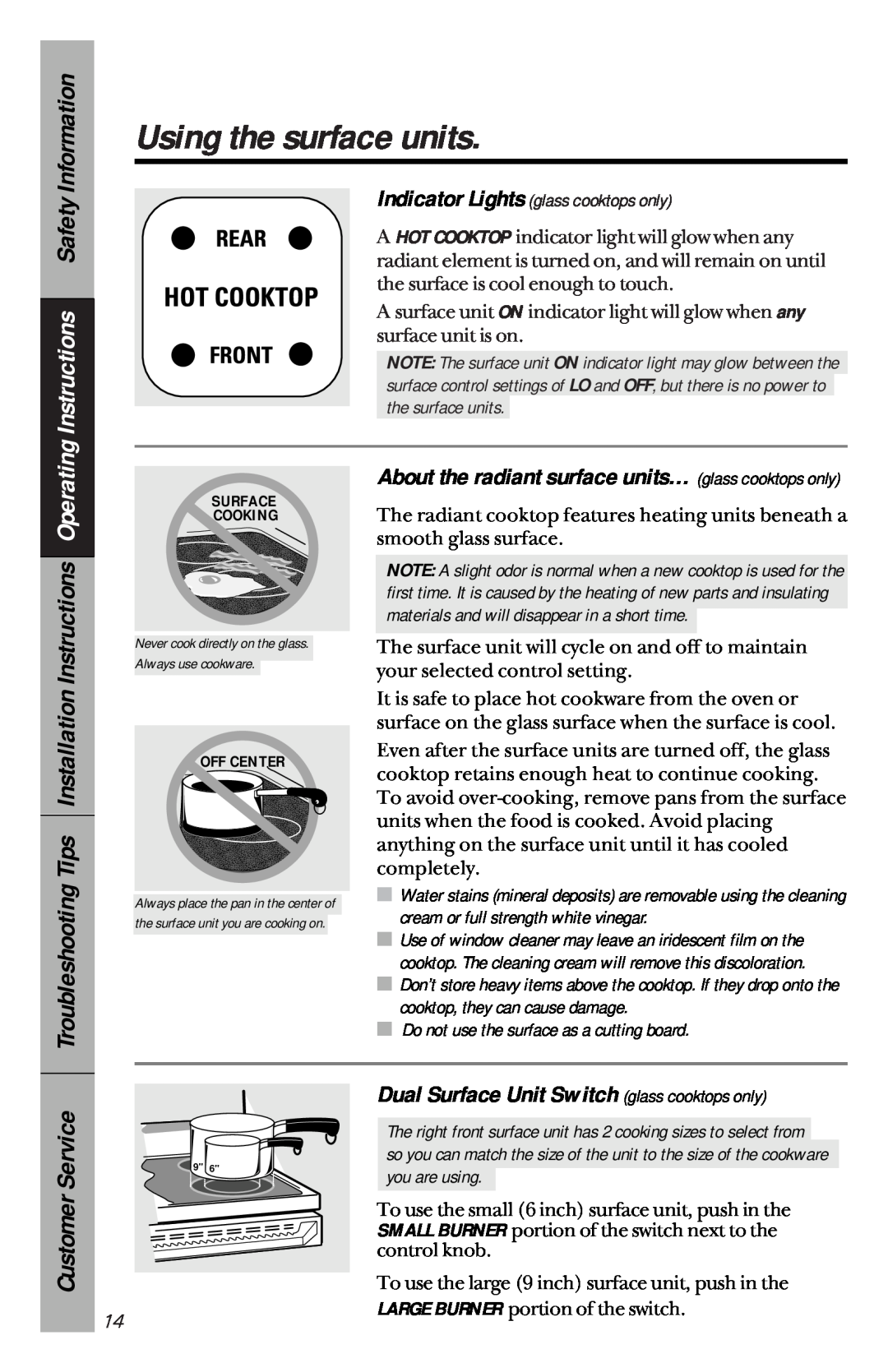 GE 49-8827 Instructions Safety Information, Dual Surface Unit Switch glass cooktops only, Using the surface units, Service 