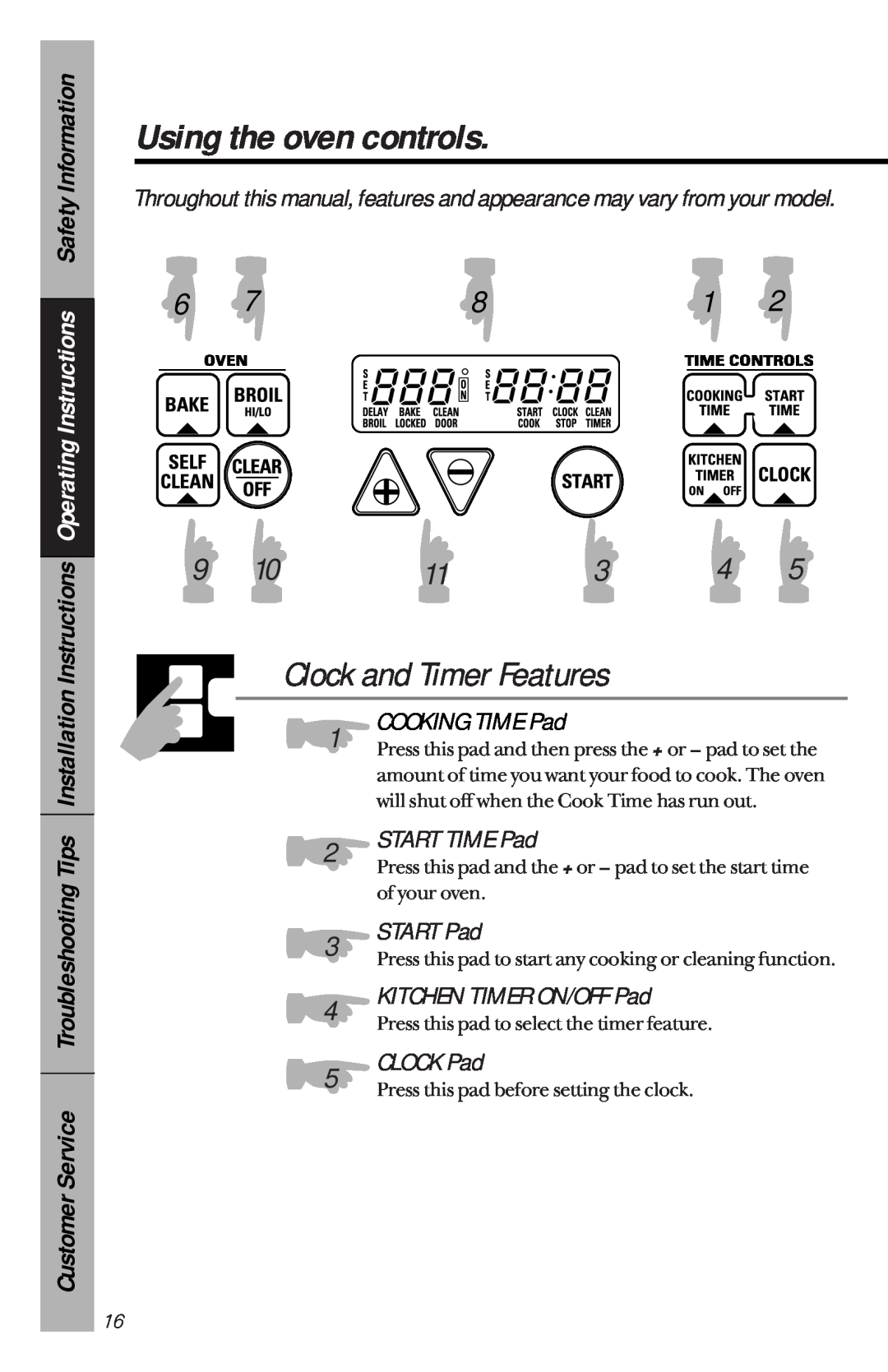 GE 49-8827 Using the oven controls, START TIME Pad, START Pad, CLOCK Pad, Clock and Timer Features, COOKING TIME Pad 
