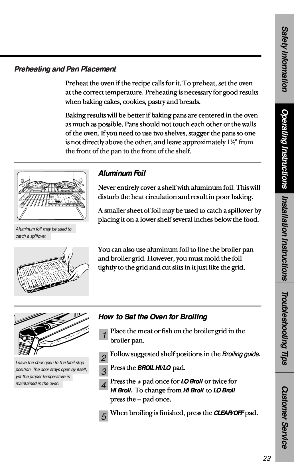 GE 164D3333P069, 49-8827 owner manual Preheating and Pan Placement, Aluminum Foil, How to Set the Oven for Broiling 