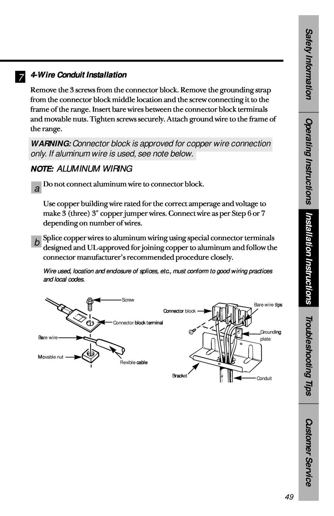 GE 164D3333P069, 49-8827 owner manual 7 4-WireConduit Installation, Note Aluminum Wiring 