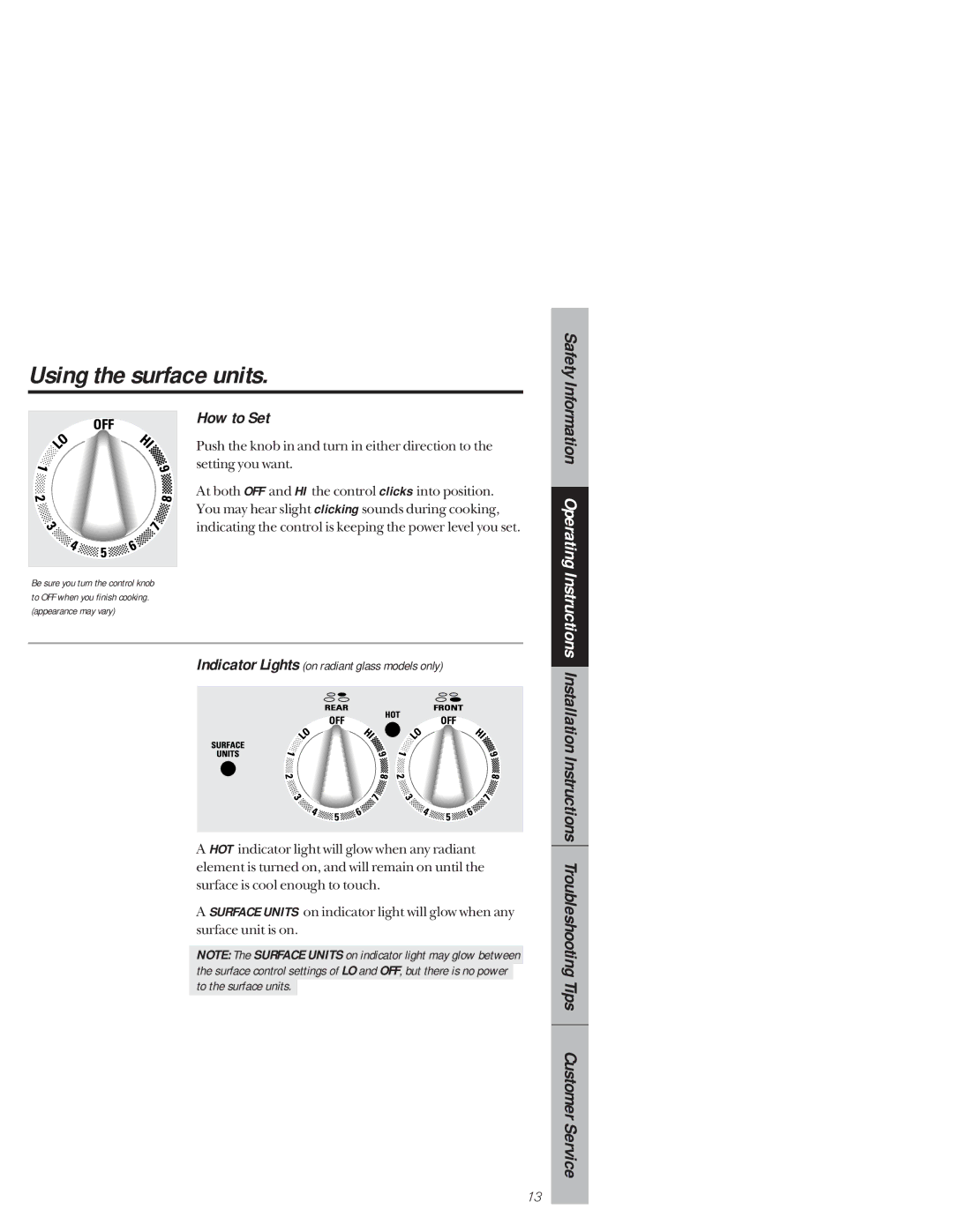 GE 164D3333P159, 49-8927 owner manual Using the surface units, How to Set 