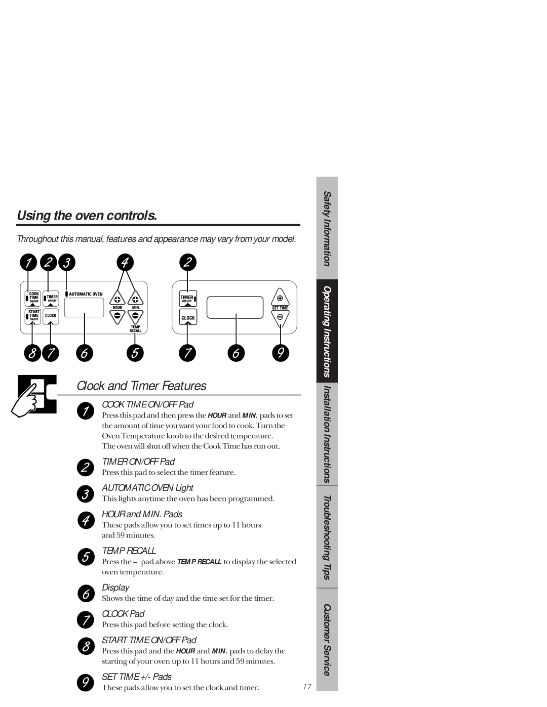 GE 164D3333P159, 49-8927 owner manual Using the oven controls, Clock and Timer Features 