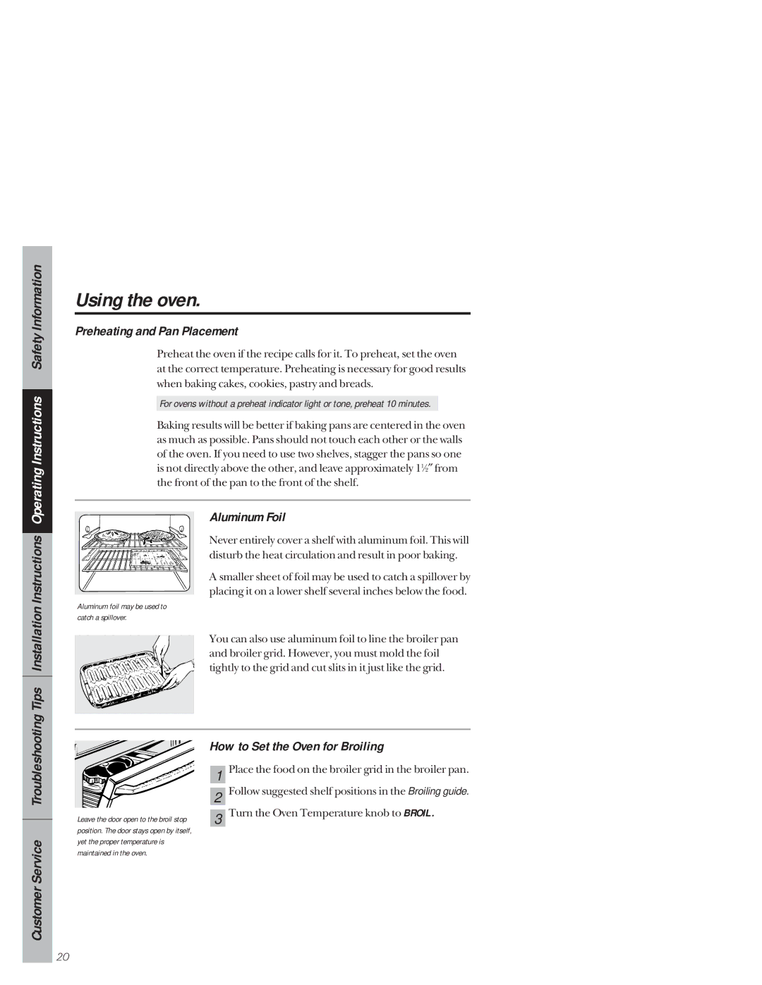 GE 49-8927, 164D3333P159 owner manual Preheating and Pan Placement, Aluminum Foil, How to Set the Oven for Broiling 