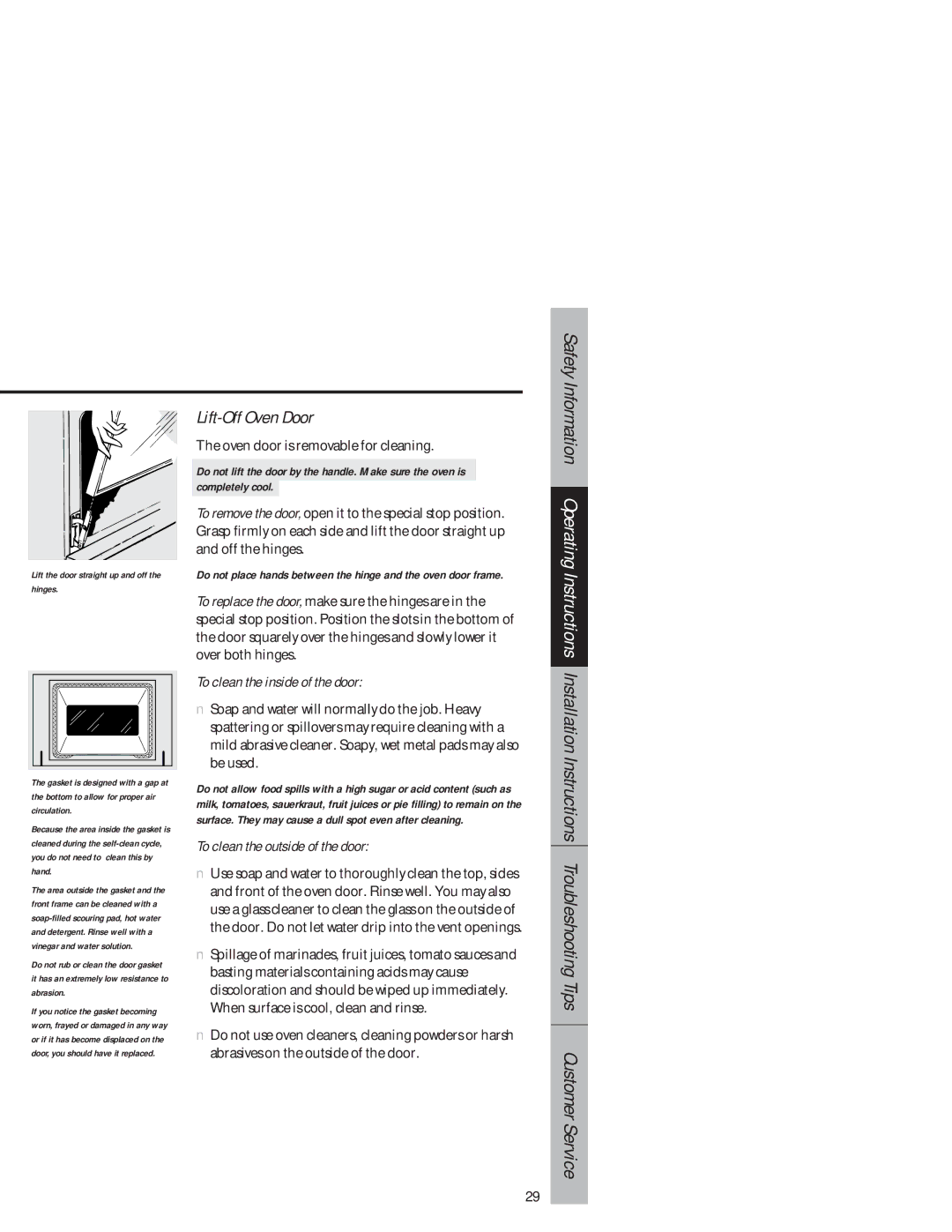 GE 164D3333P159, 49-8927 owner manual Lift-Off Oven Door, To clean the inside of the door, To clean the outside of the door 