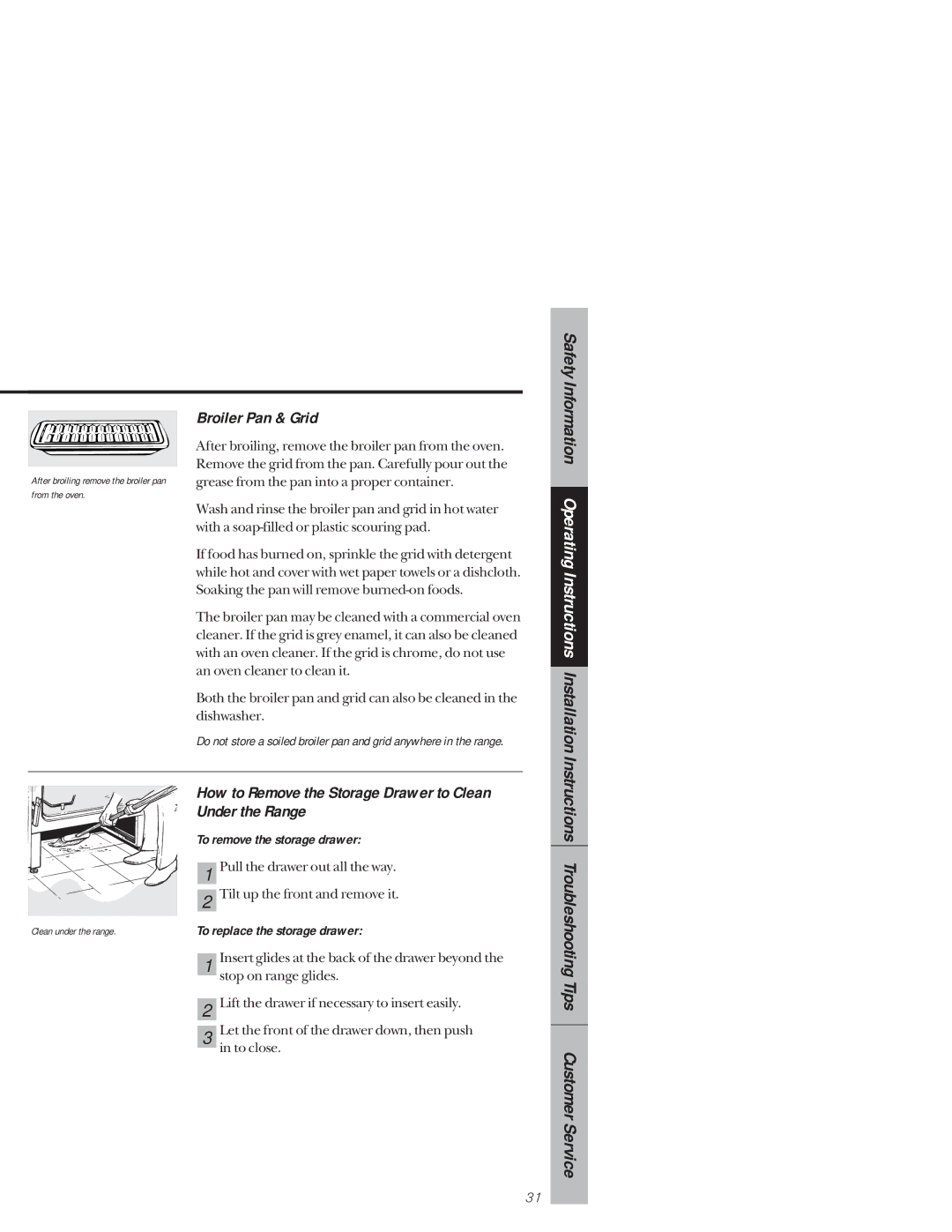 GE 164D3333P159, 49-8927 owner manual Broiler Pan & Grid, How to Remove the Storage Drawer to Clean Under the Range 