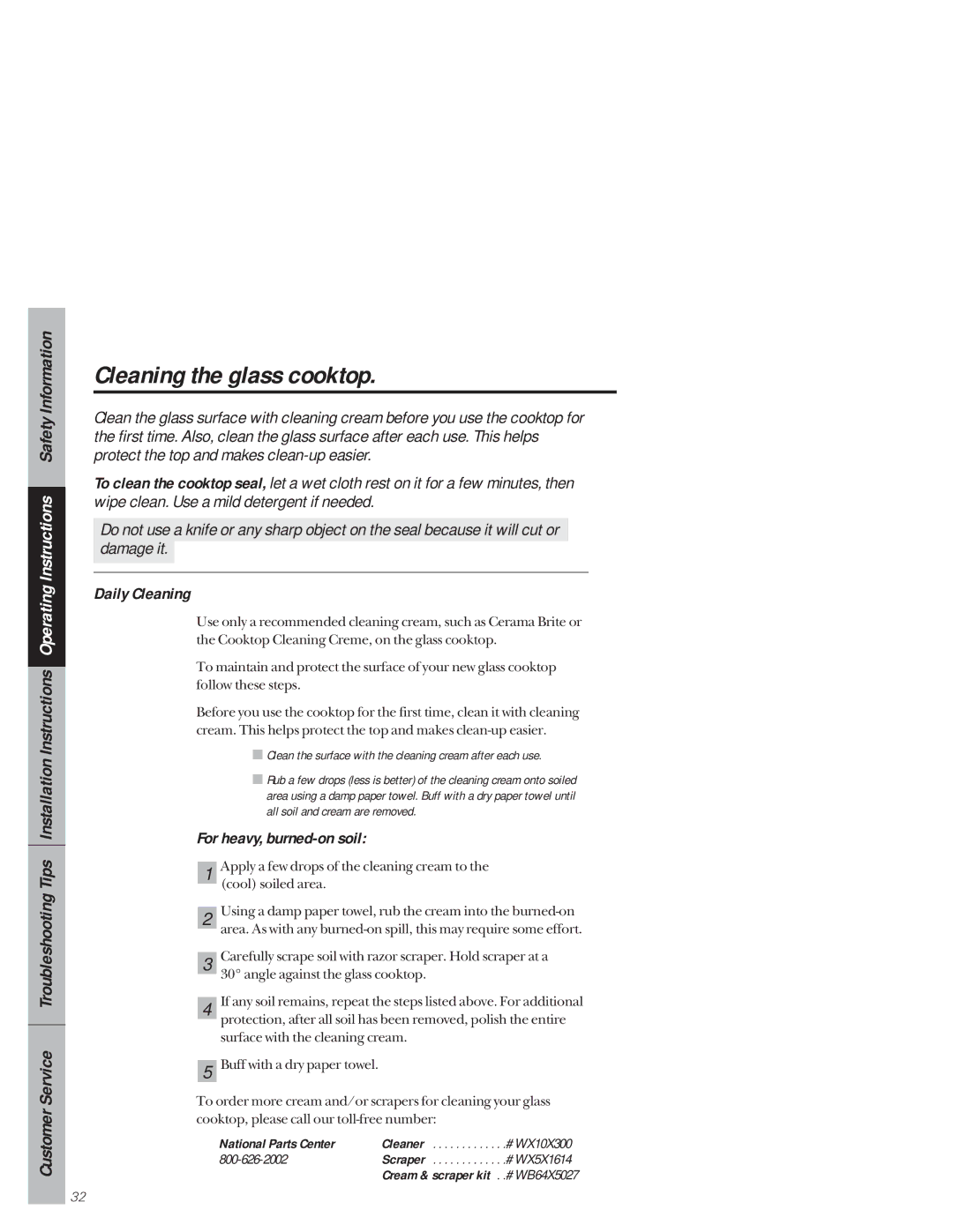 GE 49-8927, 164D3333P159 Cleaning the glass cooktop, Daily Cleaning, For heavy, burned-on soil, National Parts Center 