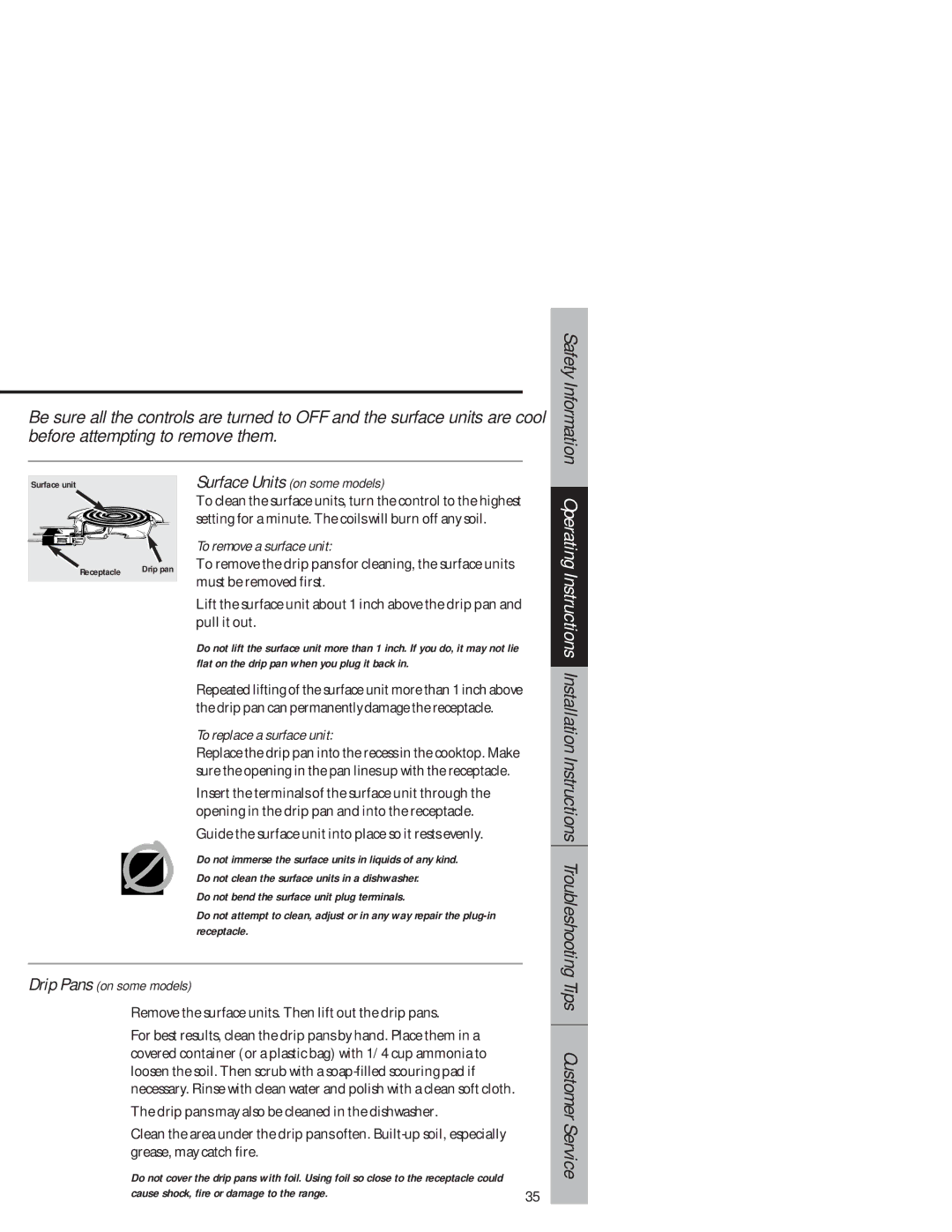 GE 164D3333P159, 49-8927 owner manual To remove a surface unit, To replace a surface unit 