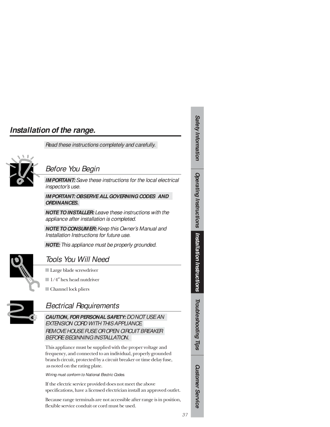 GE 164D3333P159, 49-8927 owner manual Installation of the range, Before You Begin 