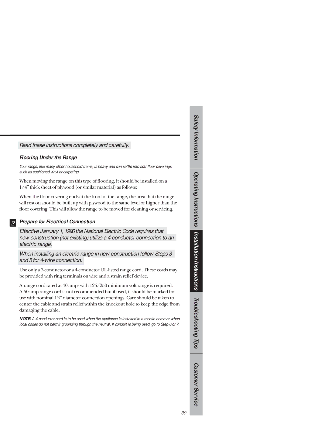 GE 164D3333P159, 49-8927 owner manual Flooring Under the Range, Prepare for Electrical Connection 