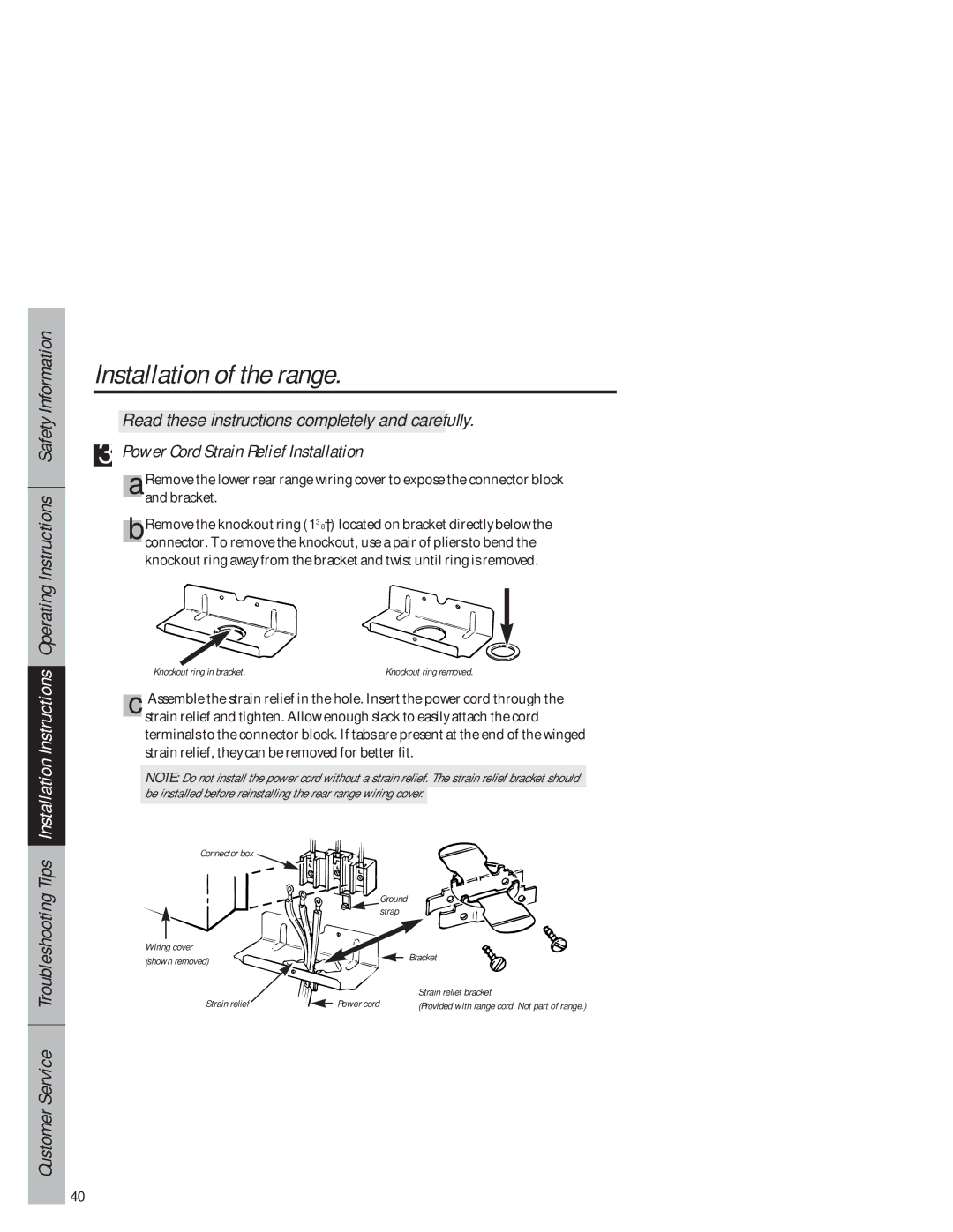 GE 49-8927, 164D3333P159 owner manual Power Cord Strain Relief Installation 