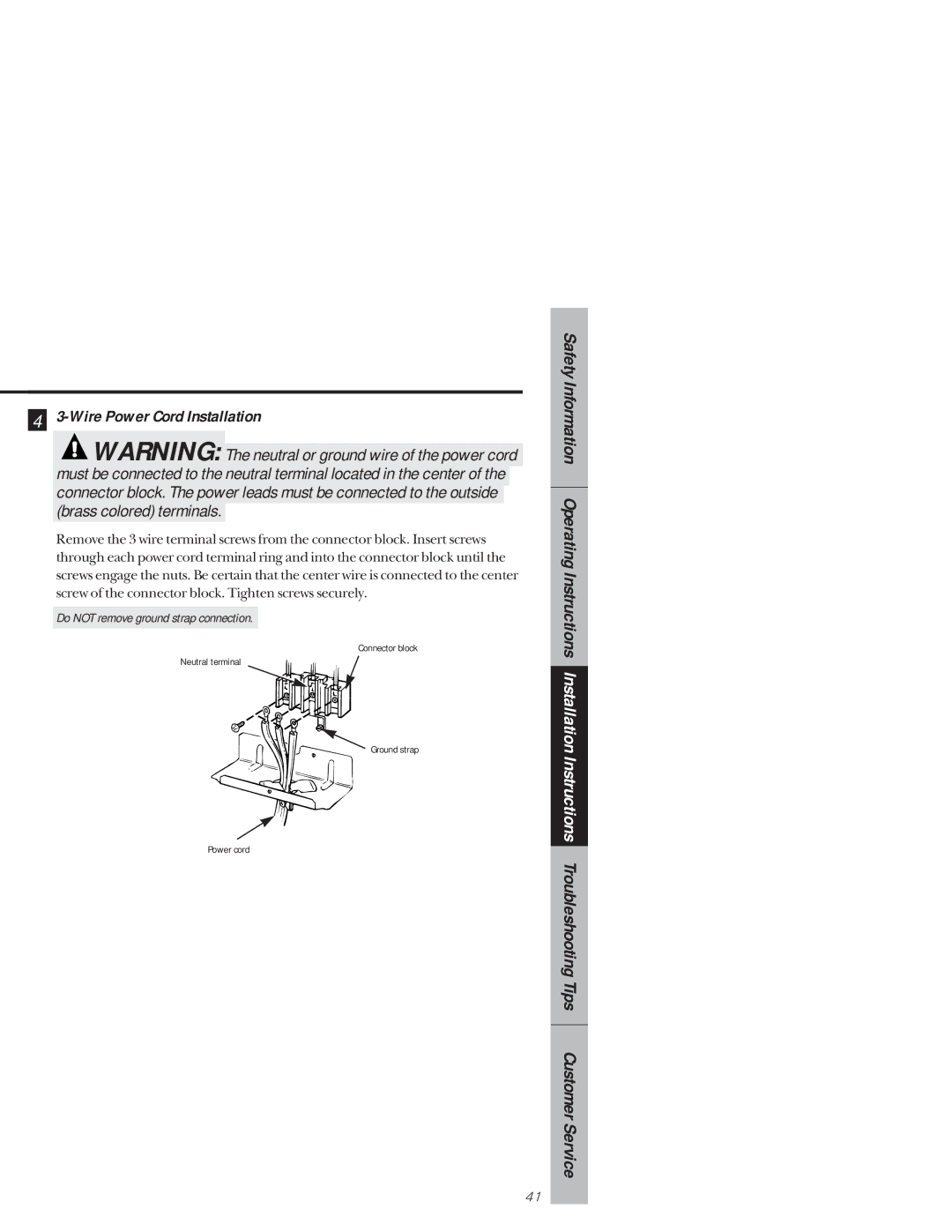 GE 164D3333P159, 49-8927 owner manual Wire Power Cord Installation 