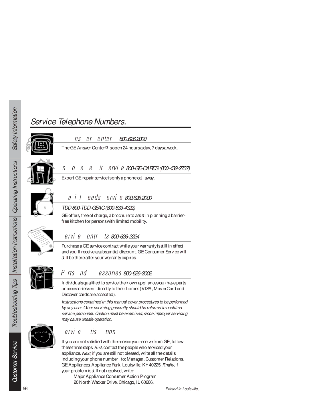 GE 49-8927, 164D3333P159 owner manual Service Telephone Numbers, In-Home Repair Service 800-GE-CARES, TDD 800-TDD-GEAC 