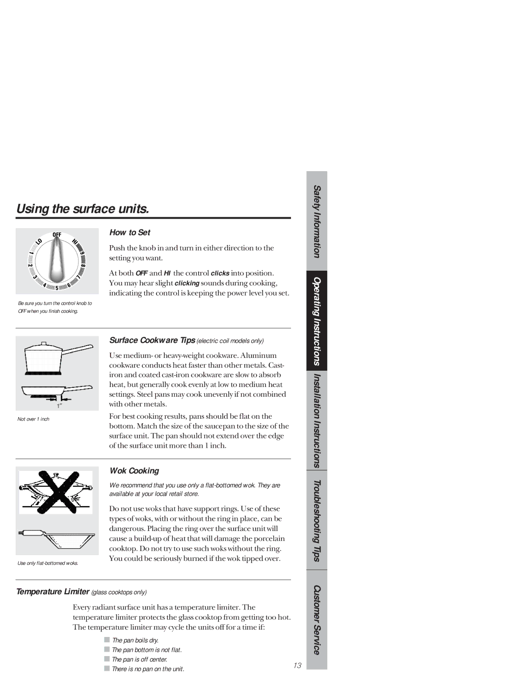 GE 164D3333P171, 49-8941 owner manual Using the surface units, How to Set, Wok Cooking 