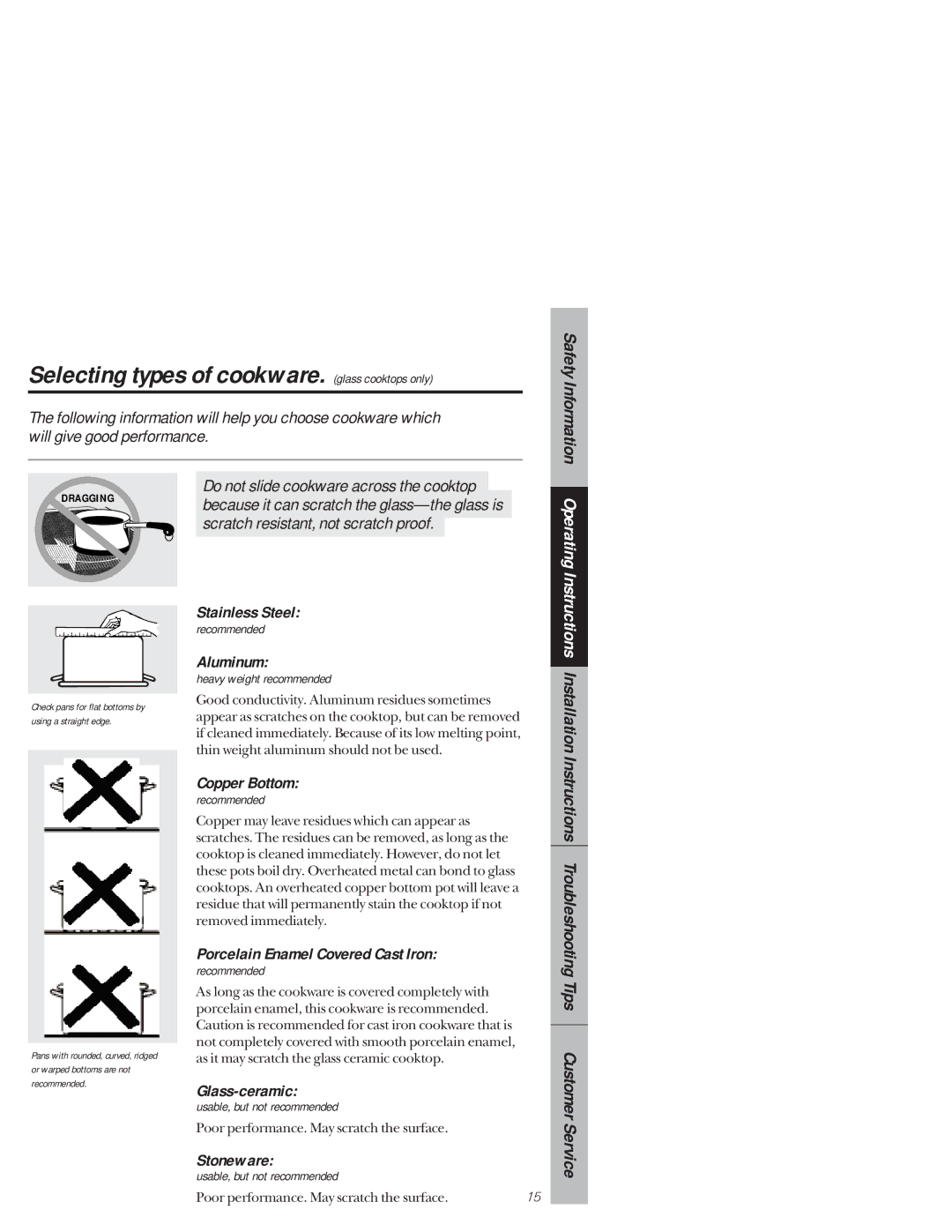 GE 164D3333P171, 49-8941 owner manual Selecting types of cookware. glass cooktops only 