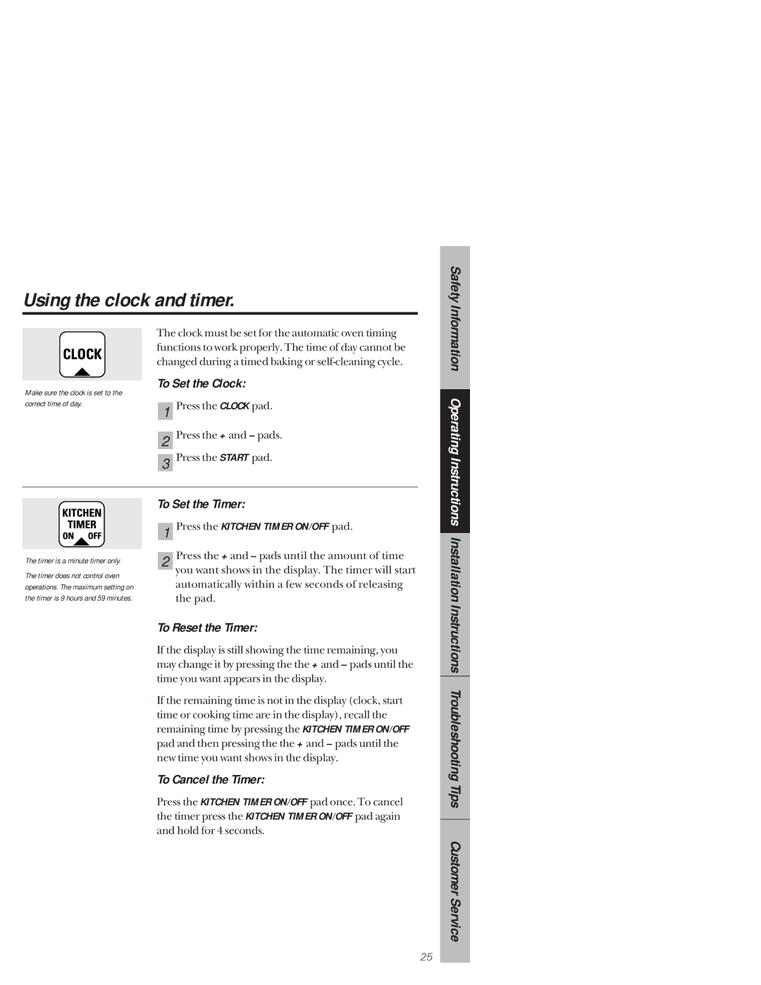 GE 164D3333P171 Using the clock and timer, To Set the Clock, To Set the Timer, To Reset the Timer, To Cancel the Timer 