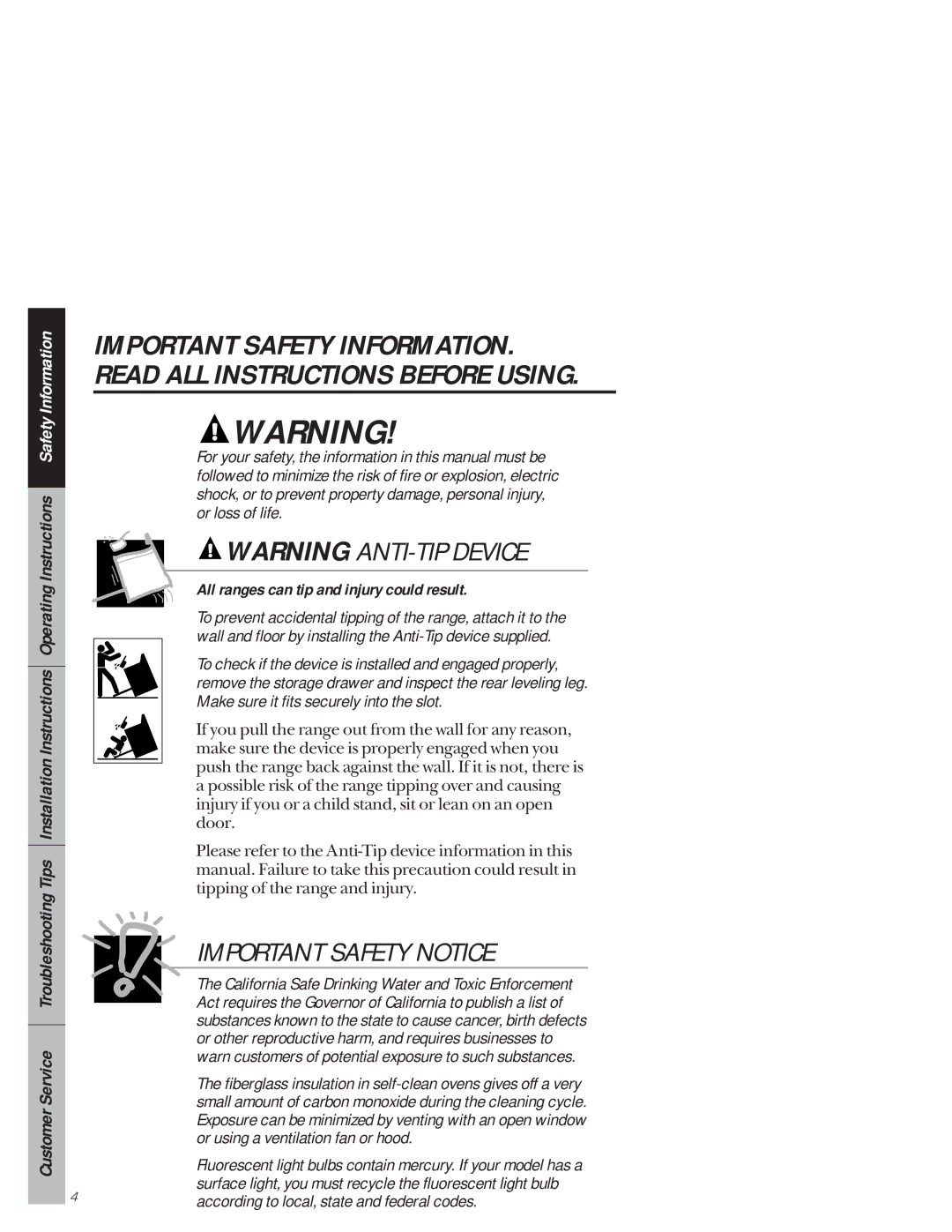 GE 49-8941, 164D3333P171 owner manual All ranges can tip and injury could result 