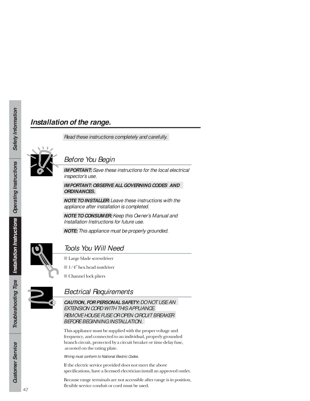 GE 49-8941, 164D3333P171 owner manual Installation of the range, Wiring must conform to National Electric Codes 