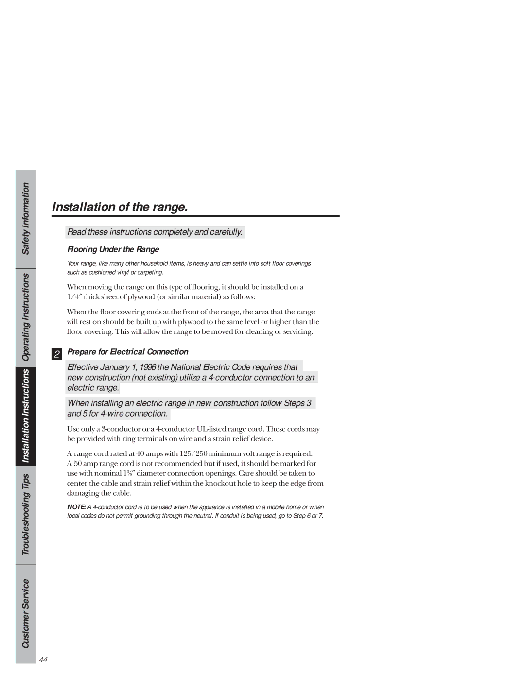 GE 49-8941, 164D3333P171 owner manual Flooring Under the Range, Prepare for Electrical Connection 