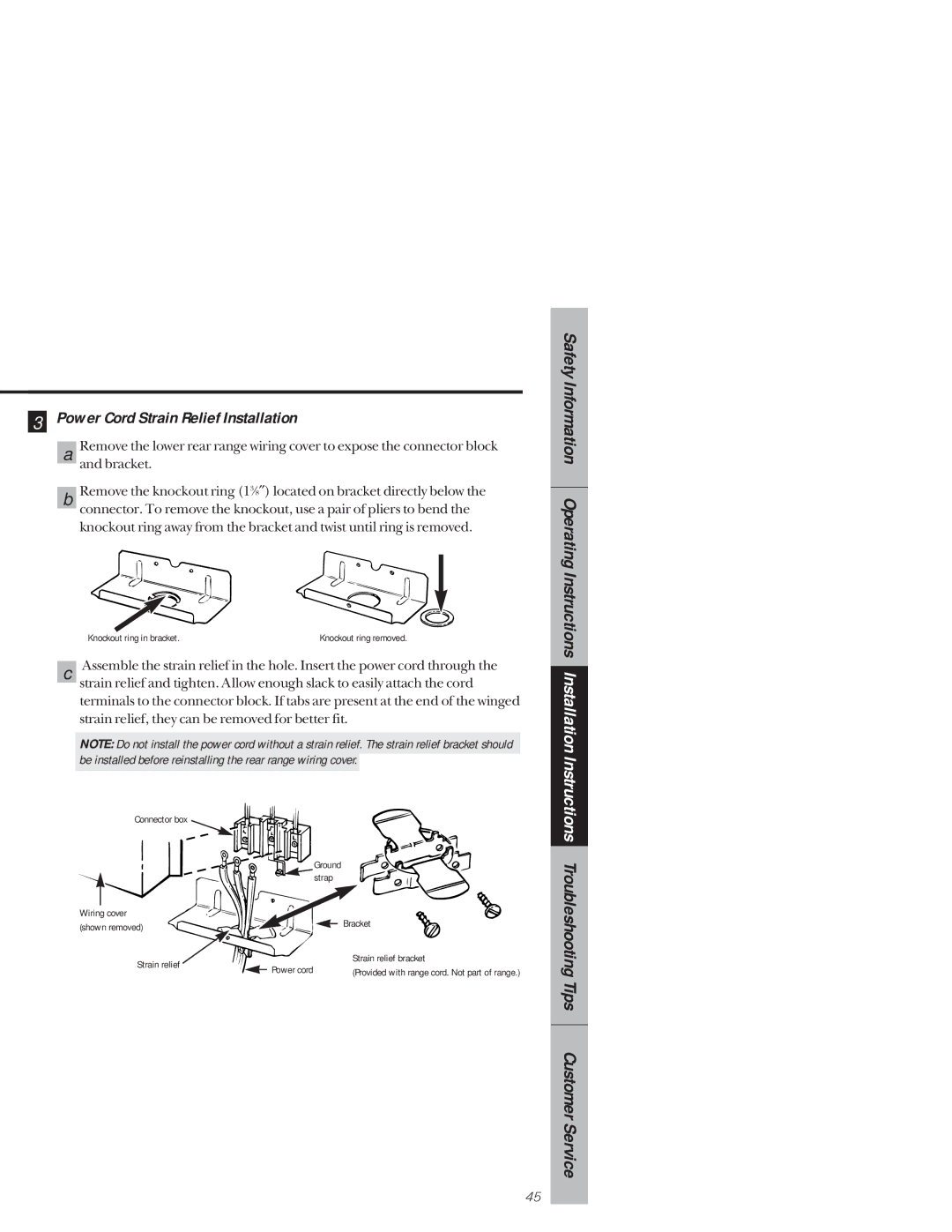 GE 164D3333P171 Power Cord Strain Relief Installation, Be installed before reinstalling the rear range wiring cover 