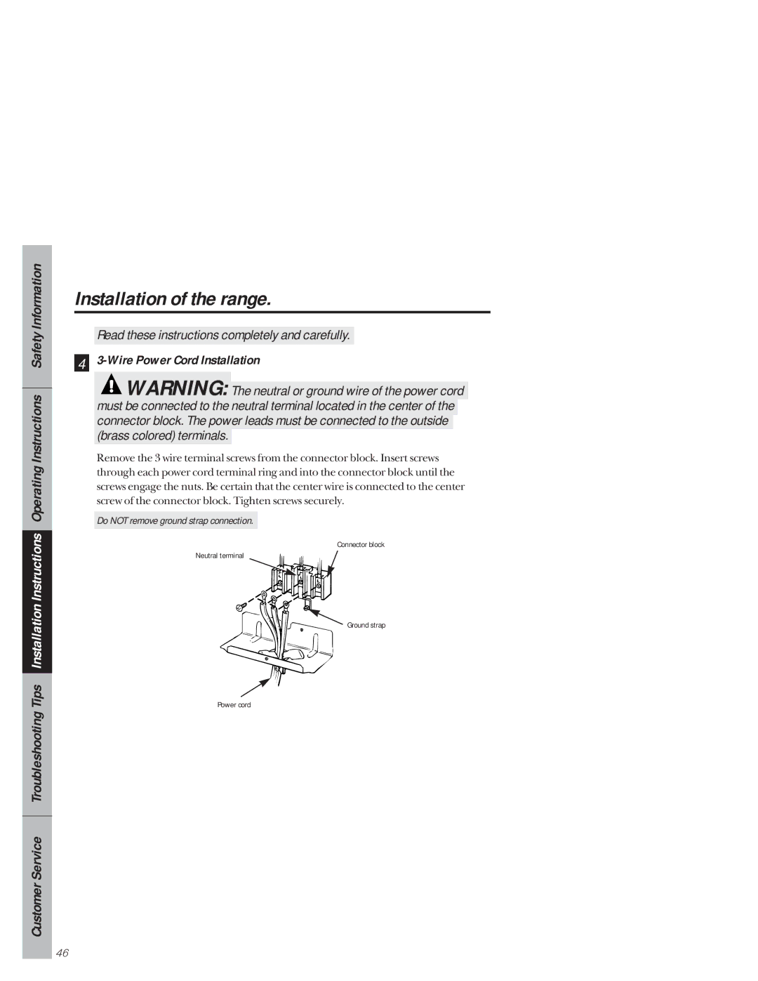 GE 49-8941, 164D3333P171 owner manual Wire Power Cord Installation, Do not remove ground strap connection 