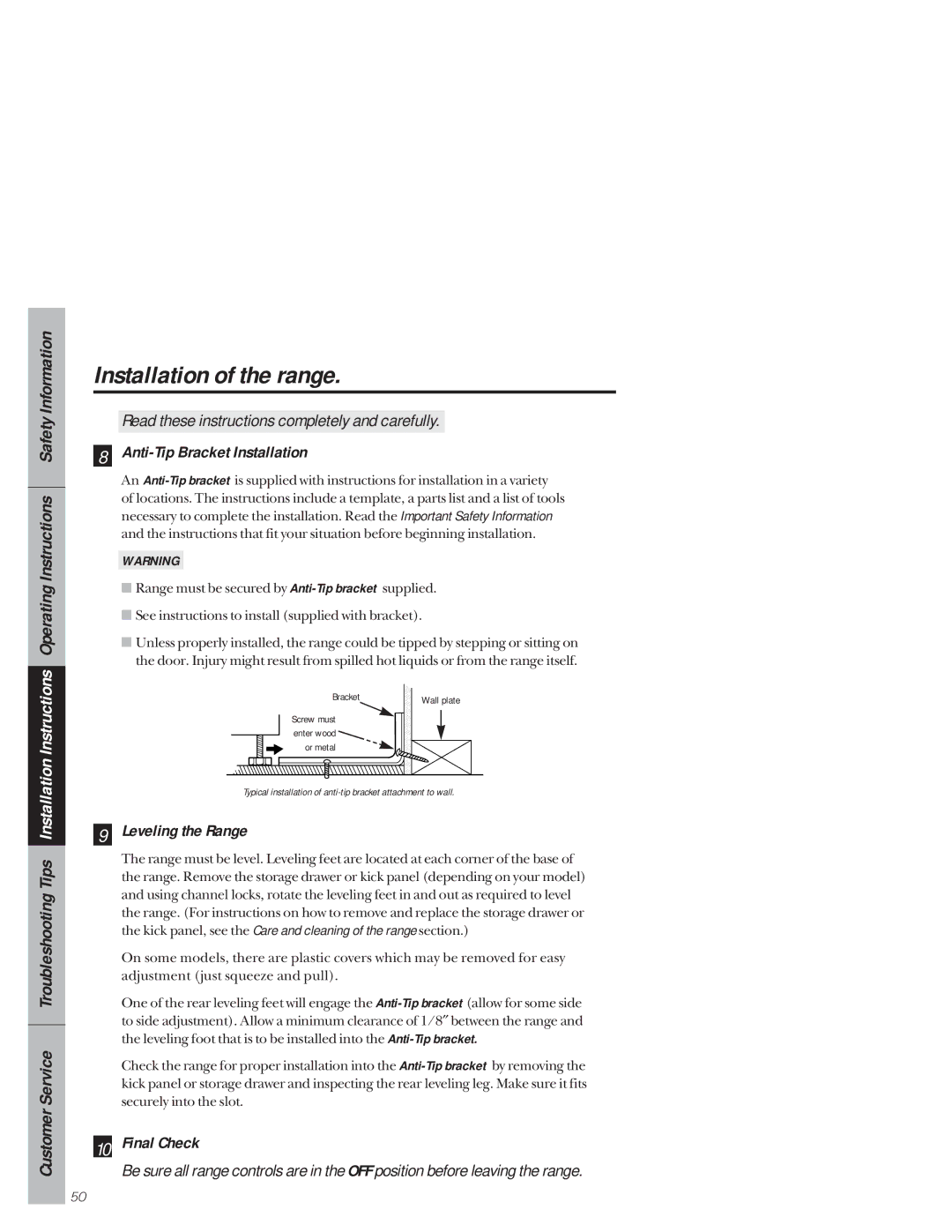 GE 49-8941, 164D3333P171 owner manual Anti-Tip Bracket Installation, Leveling the Range, Final Check 