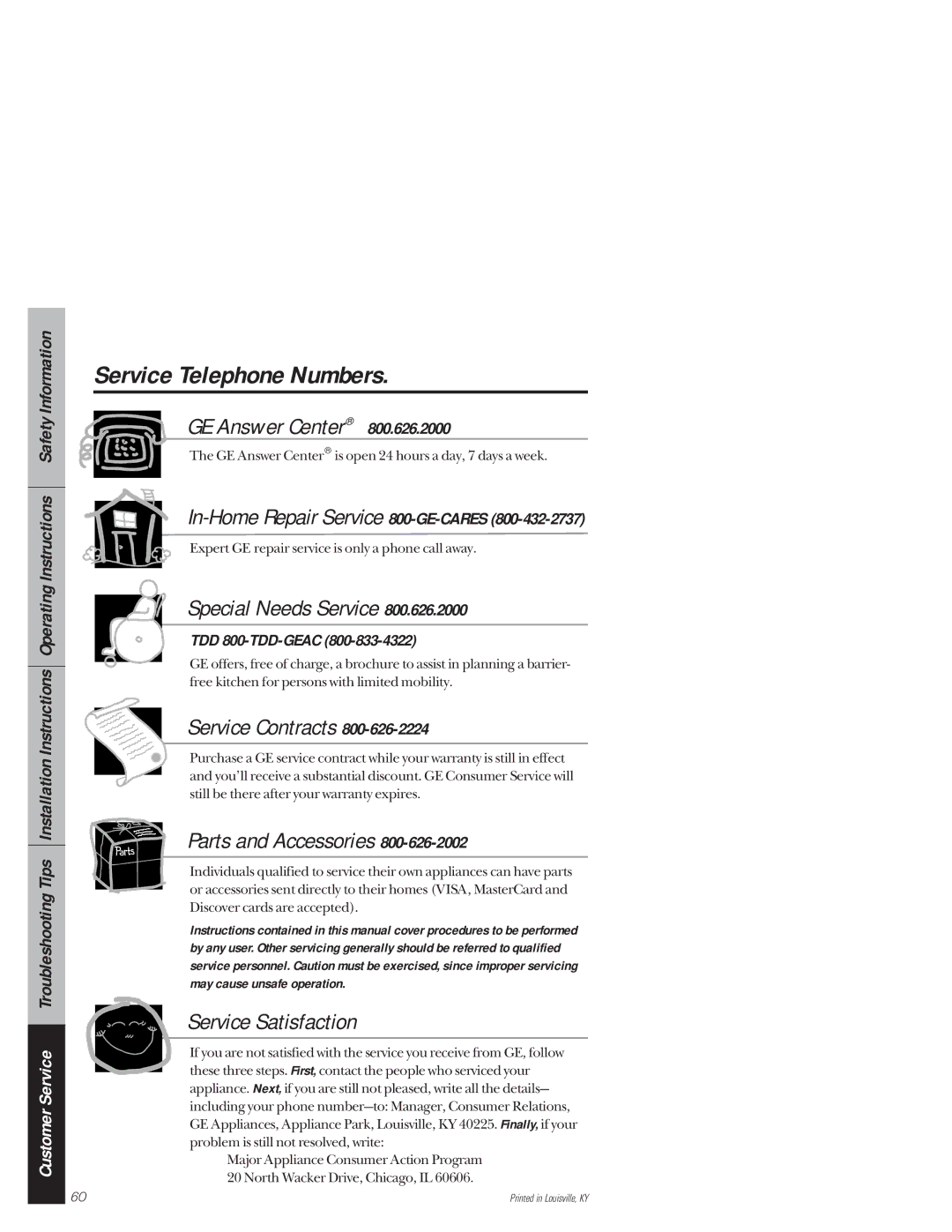 GE 49-8941, 164D3333P171 owner manual Service Telephone Numbers, In-Home Repair Service 800-GE-CARES, TDD 800-TDD-GEAC 