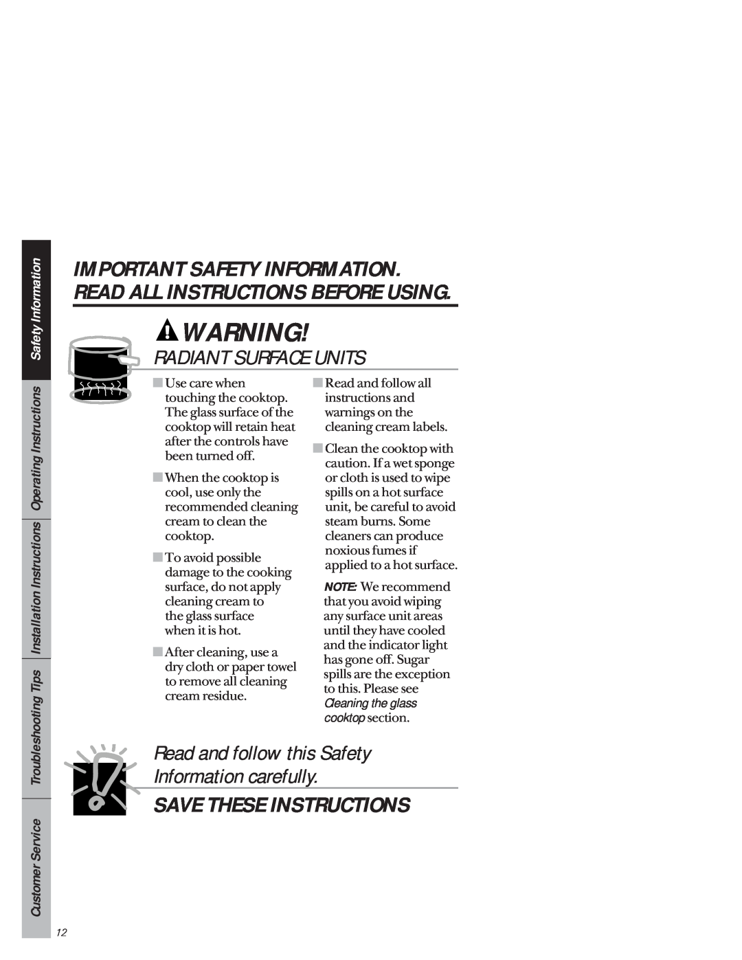 GE 49-8941 Read and follow this Safety Information carefully, Customer Service, Cleaning the glass cooktop section 