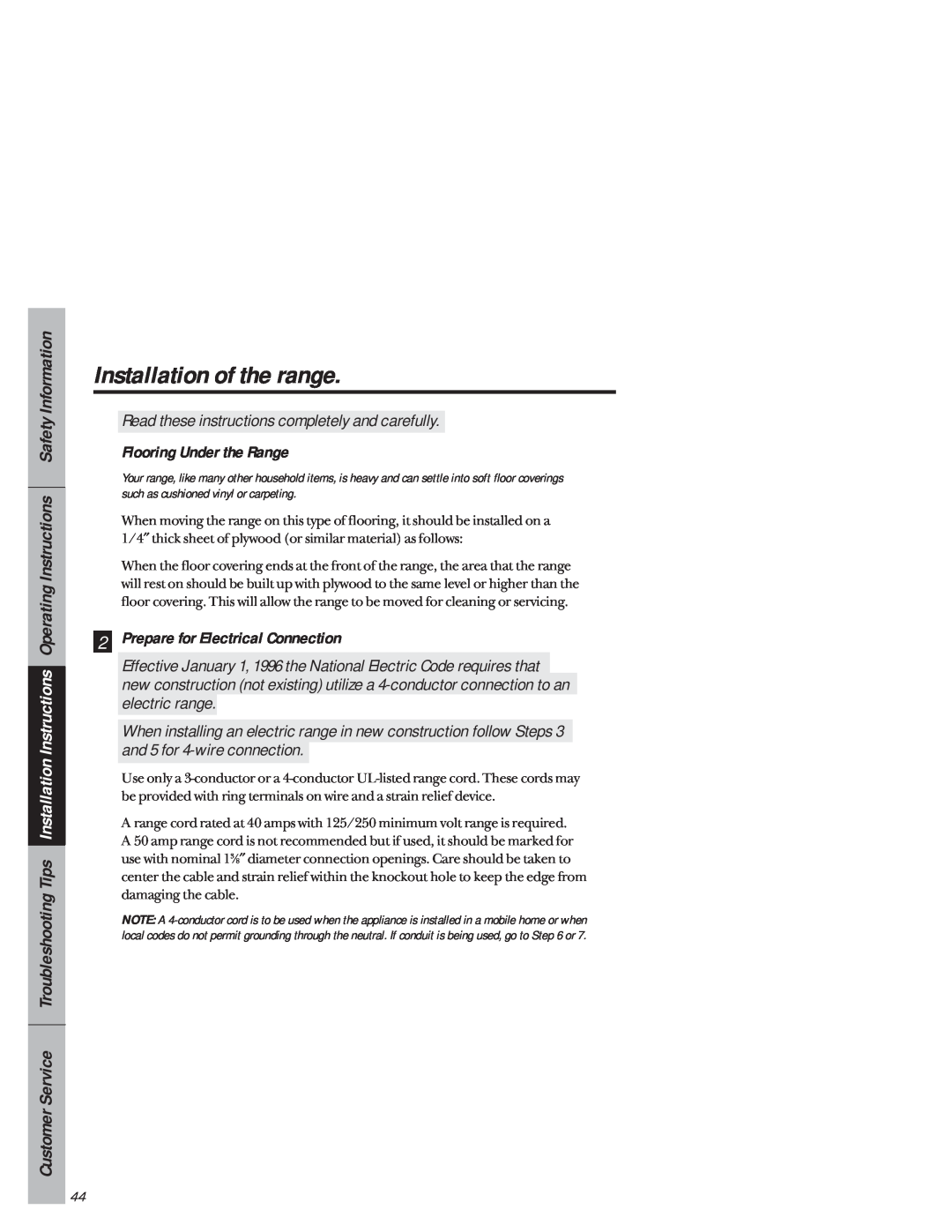 GE 49-8941, 164D3333P171 owner manual Flooring Under the Range, Prepare for Electrical Connection, Installation of the range 