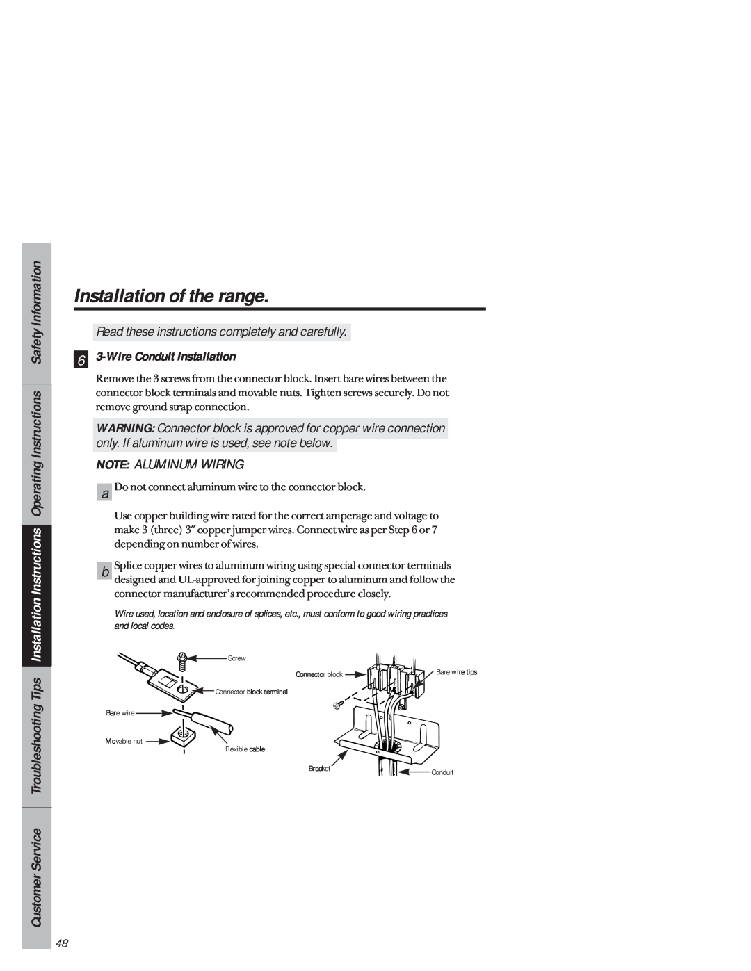 GE 49-8941, 164D3333P171 owner manual 6 3-Wire Conduit Installation, Note Aluminum Wiring, Installation of the range 