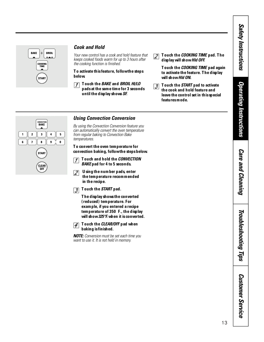 GE 164D3333P200-3, 49-8973-2 01-00 JR manual Safety Instructions Operating, Cook and Hold, Using Convection Conversion 